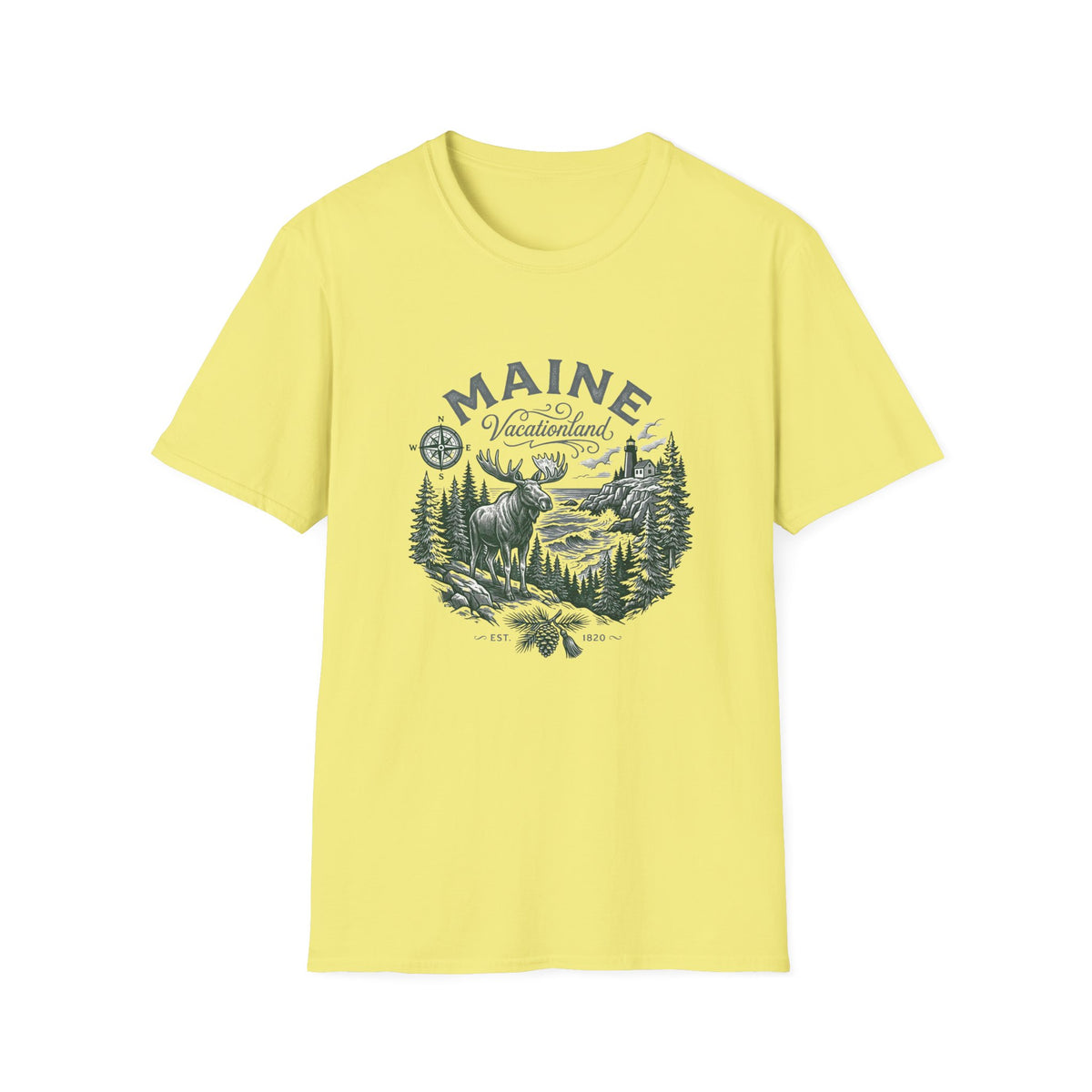 Maine Wilderness Moose Graphic T-Shirt — Vintage State Nature Travel Tourist Graphic Design Unisex 100 Cotton Gildan T-Shirt