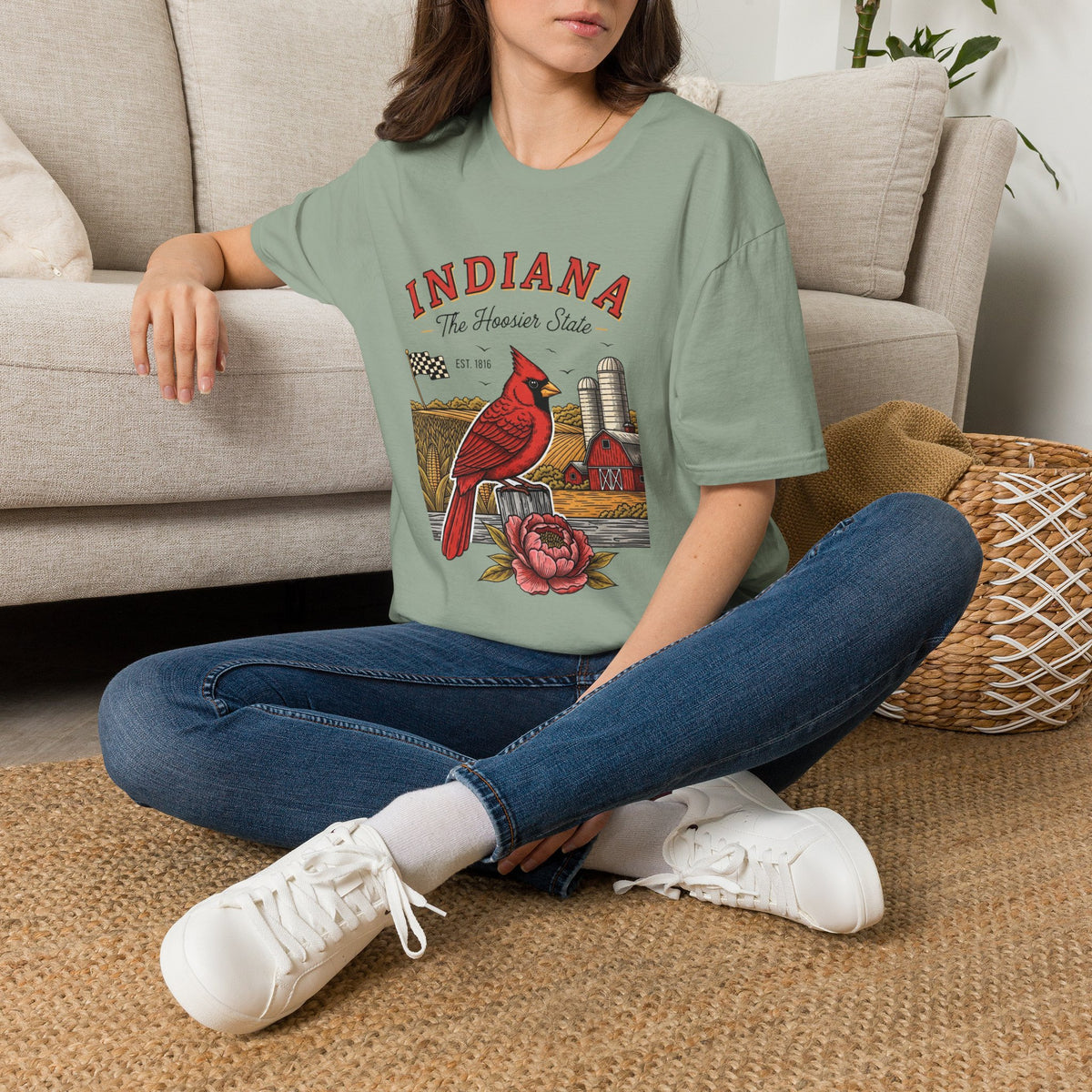 Indiana Cardinal Bird Farm Tee — Indiana The Hoosier State Graphic Travel Tourist Graphic Design Unisex 100 Cotton Gildan T-Shirt