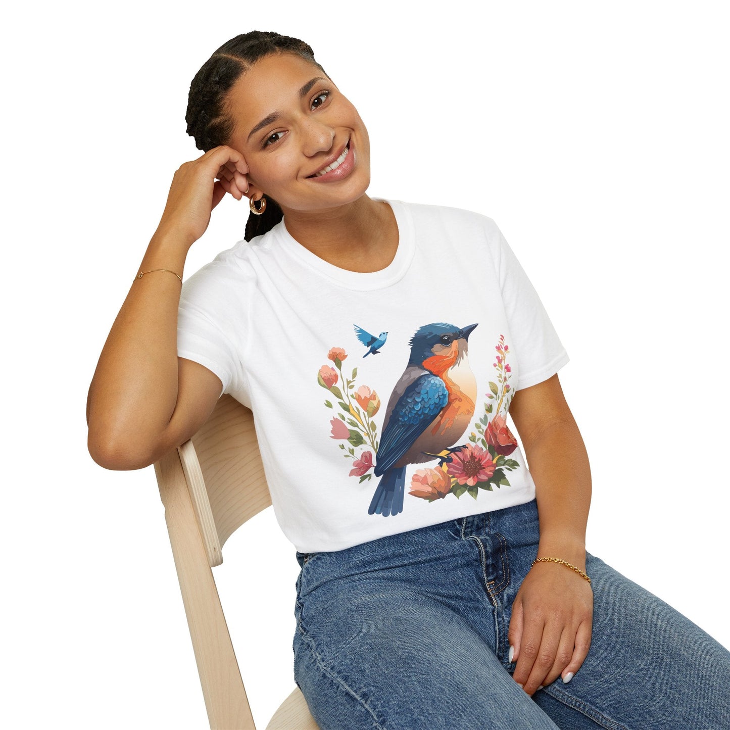 Unisex Floral Bird T Shirt Softstyle 64000 Gildan Ring Spun Cotton Tee Relaxed Fit