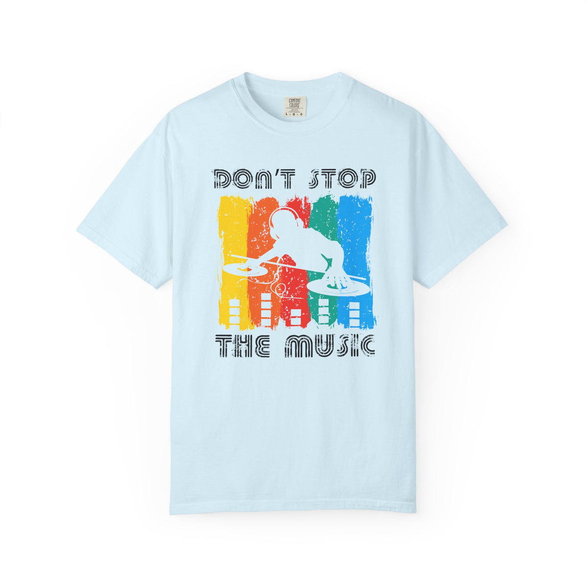 Don t Stop the Music DJ Silhouette T-Shirt Retro Rainbow Turntables Unisex Cotton Tee 016