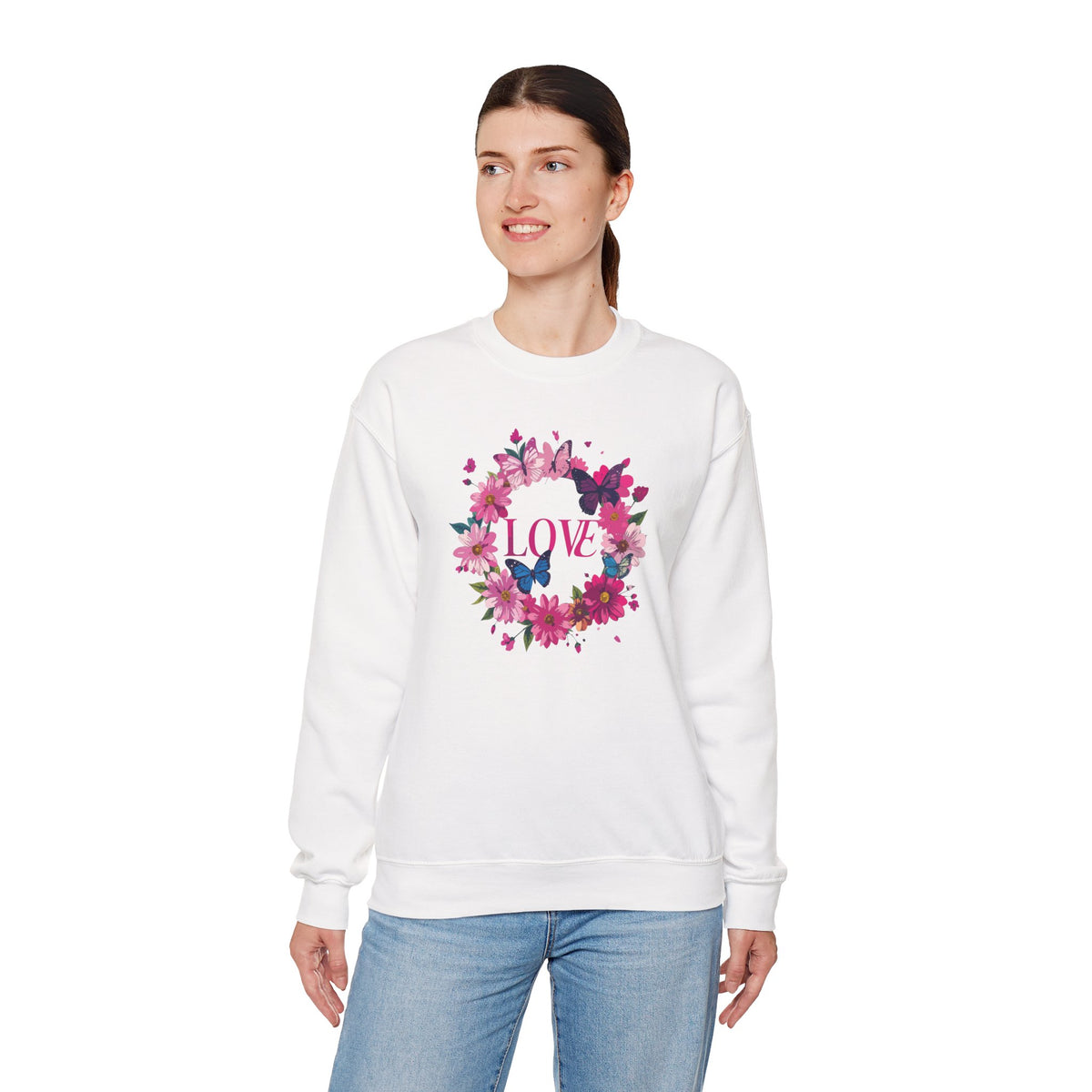 Unisex Floral Love Sweatshirt, Love Floral Sweatshirt, Floral Butterfly Sweatshirt, 50/50 Cotton-Poly Valentine's Day Sweatshirt 04