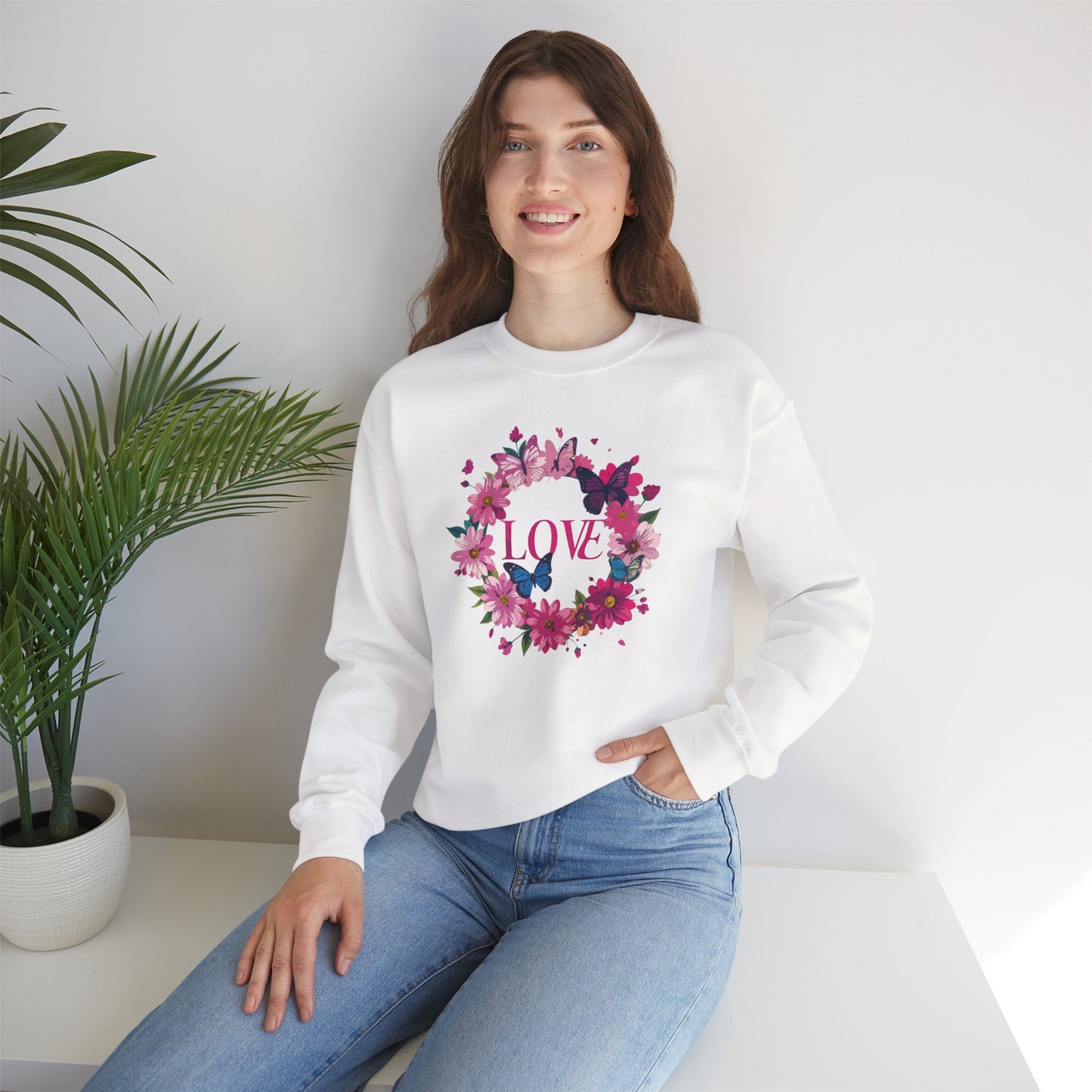 Unisex Floral Love Sweatshirt, Love Floral Sweatshirt, Floral Butterfly Sweatshirt, 50/50 Cotton-Poly Valentine's Day Sweatshirt 04