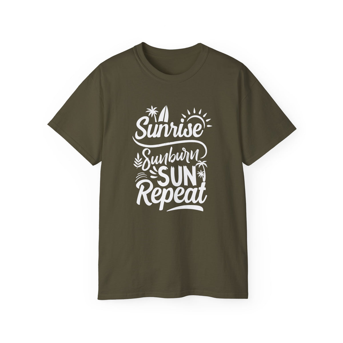 Sunrise Sunburn Sun Repeat T-Shirt | Beach Surf Typography Tee