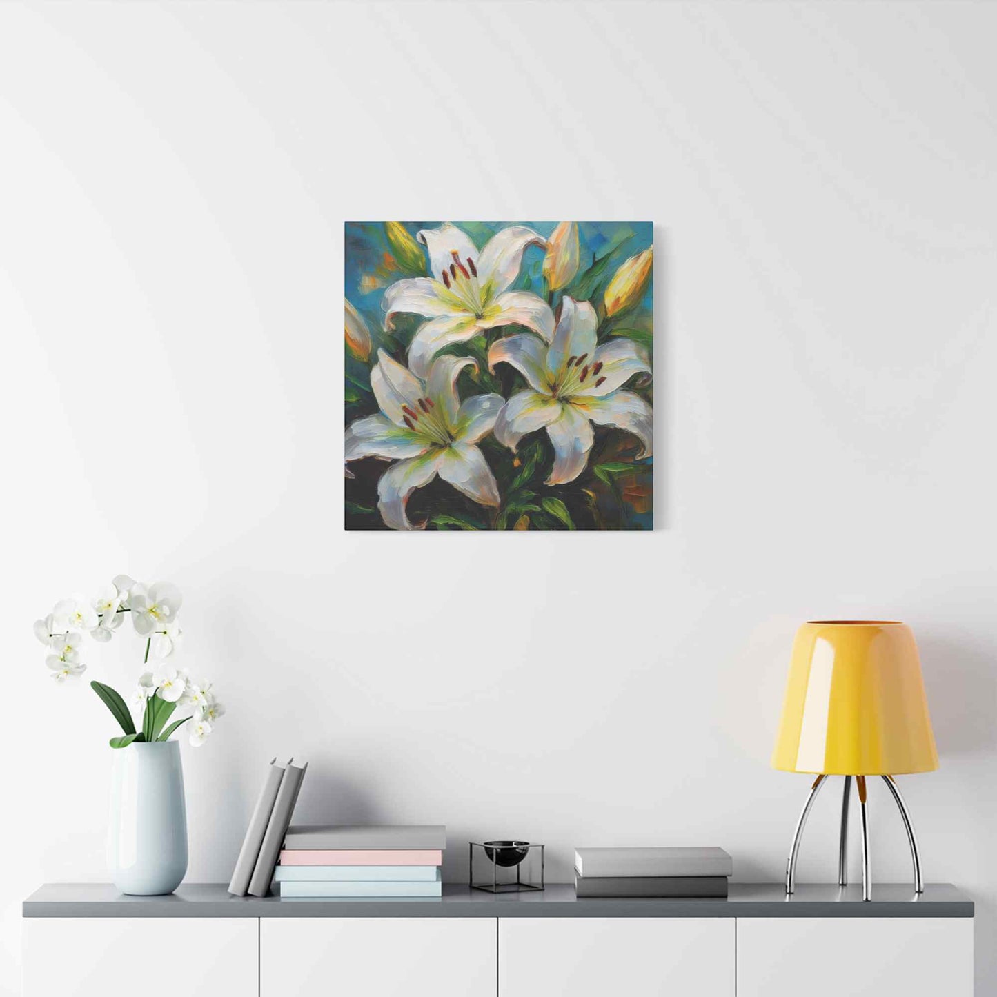 White Lilies Print Canvas, Floral Oil Paint Print 20x20, 24x24, 30x30, 32x32, 36x36 Art Design Pine-Wood Inner Frame MC-154