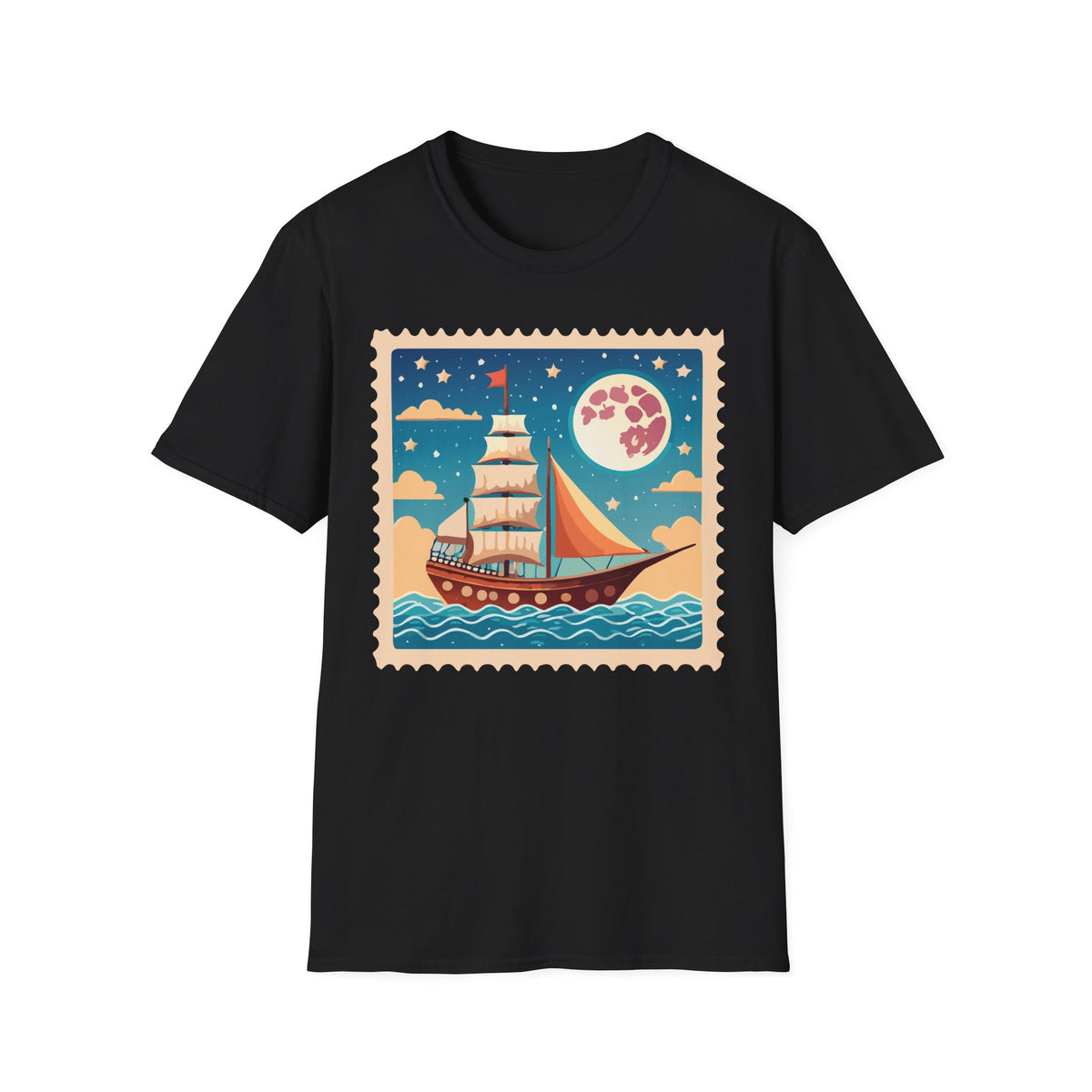 Sailboat Night Scene T-Shirt | Retro Nautical Moon Illustration