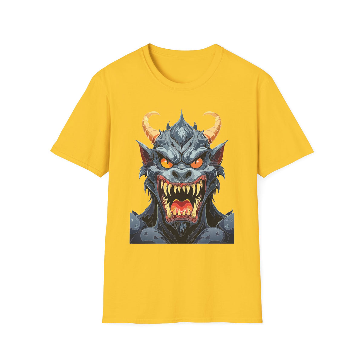 Demonic Monster Face T-Shirt — Fierce Horned Demon Cartoon Graphic Tee Unisex 100 Cotton Gildan T-Shirt