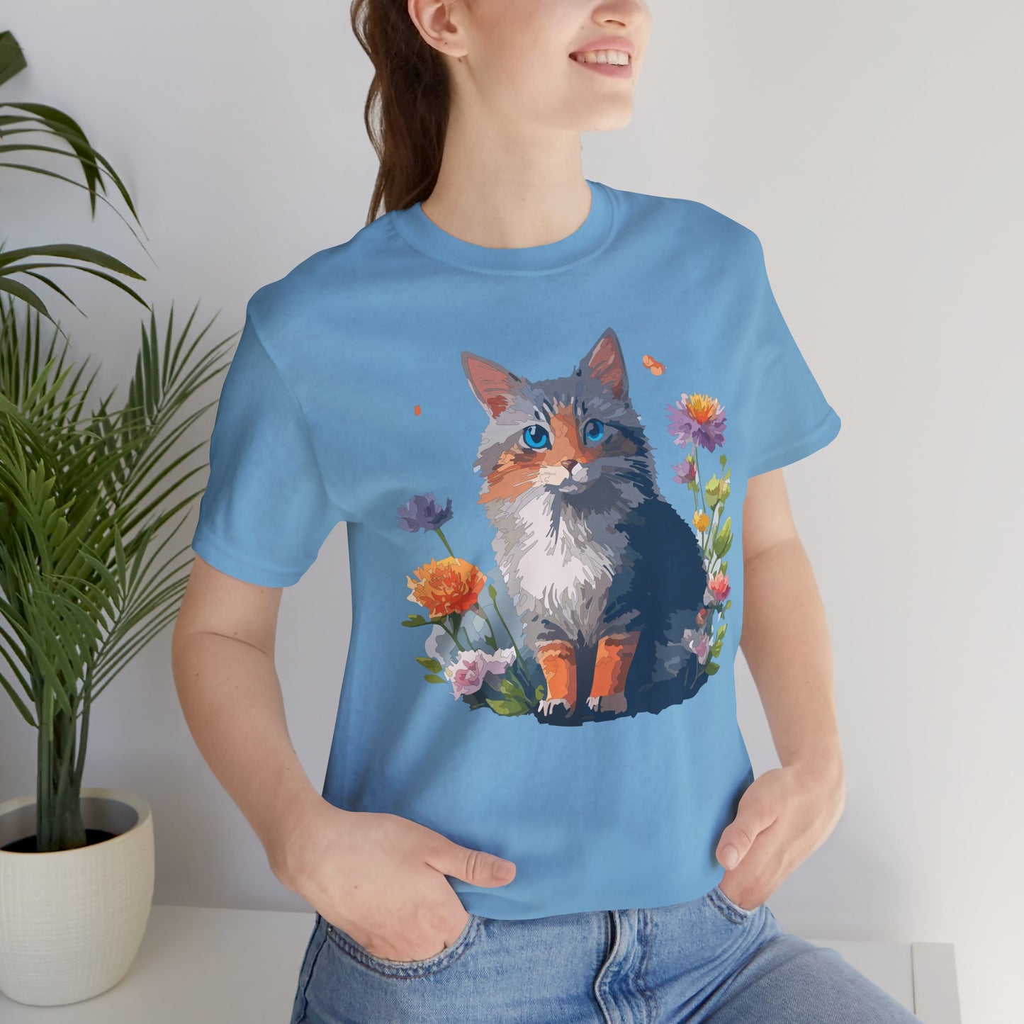 Floral Cat Tee, Animal Shirt, Cat Shirt, Floral Tee, Flower T-shirt, T-Shirt with Animal, Summer Top with Art Design