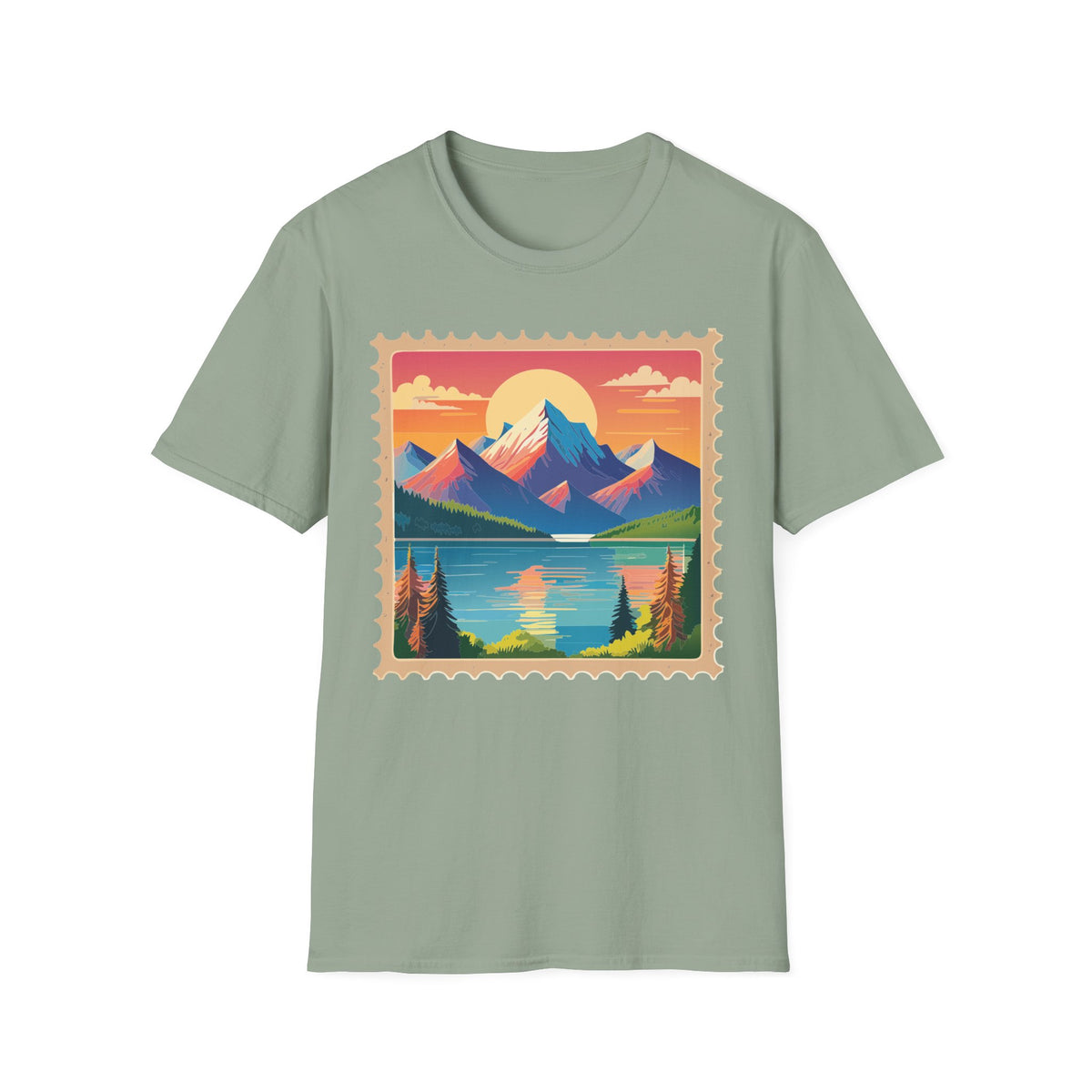 Vintage Mountain Sunset postage stamp T-Shirt | retro travel landscape