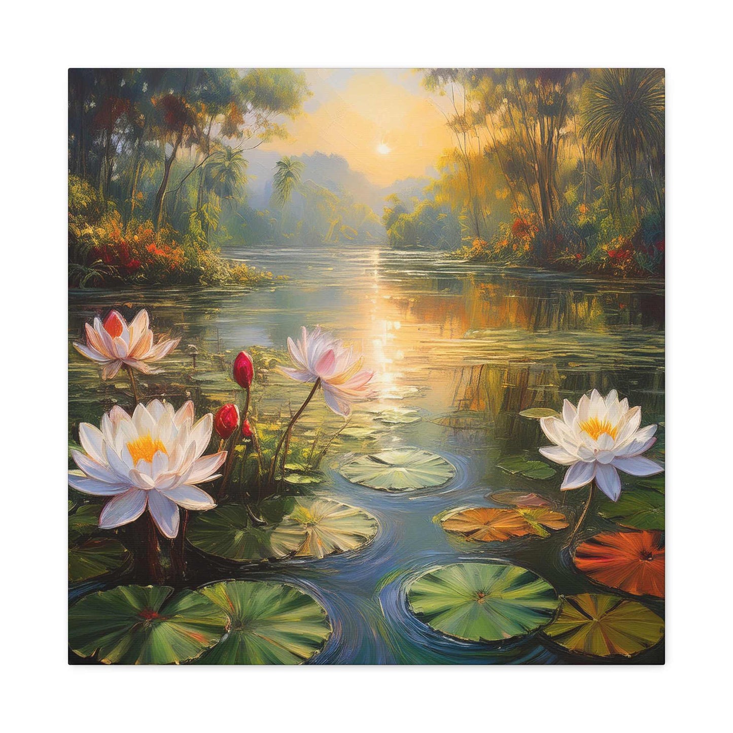 Water Lilies Print Canvas, Oil Paint Print 20x20, 24x24, 30x30, 32x32, 36x36 Floral Art Print Pine-Wood Inner Frame MC-65