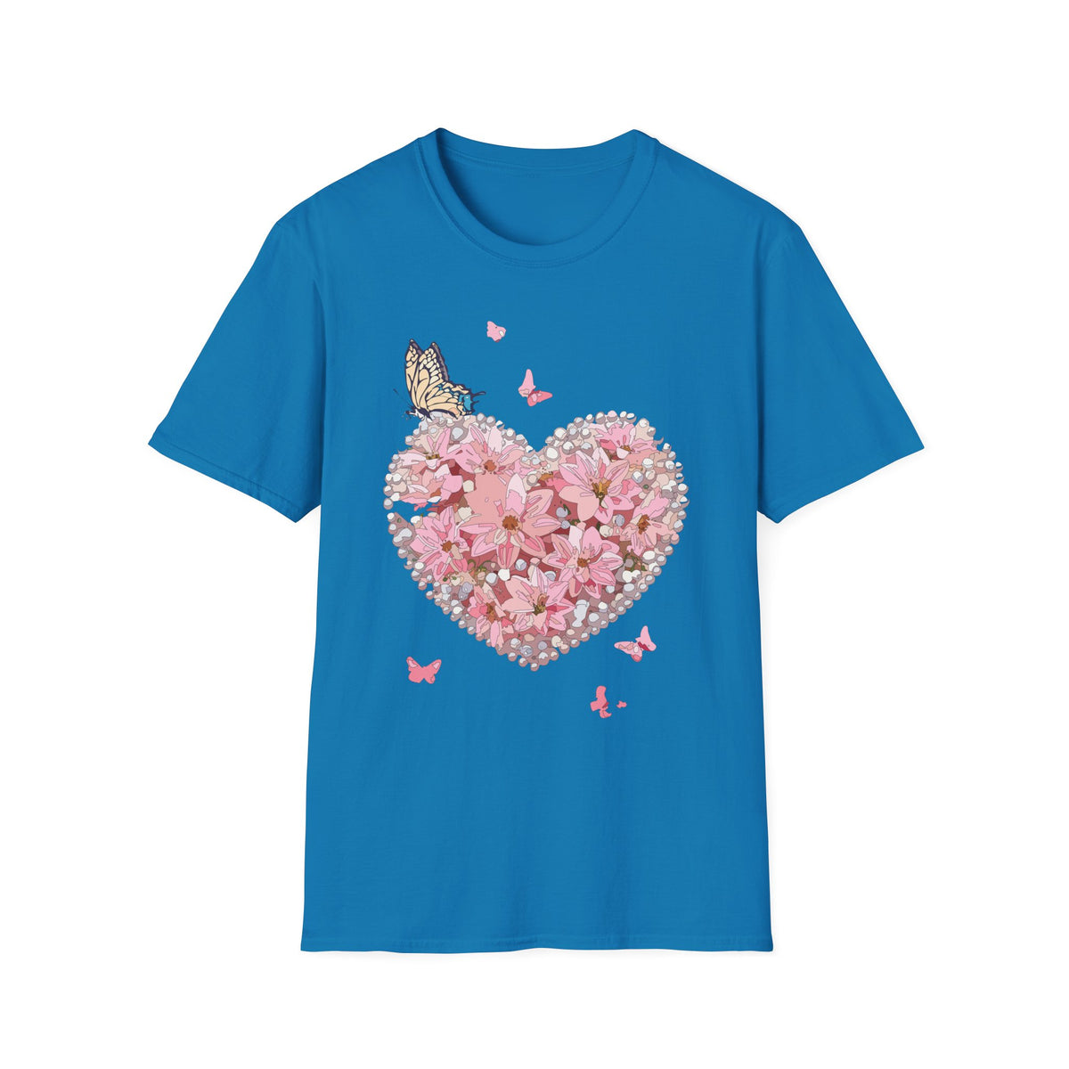 Pink Floral Heart with Butterfly T-Shirt | Spring Floral Graphic Tee Unisex 100 Cotton Gildan T-Shirt