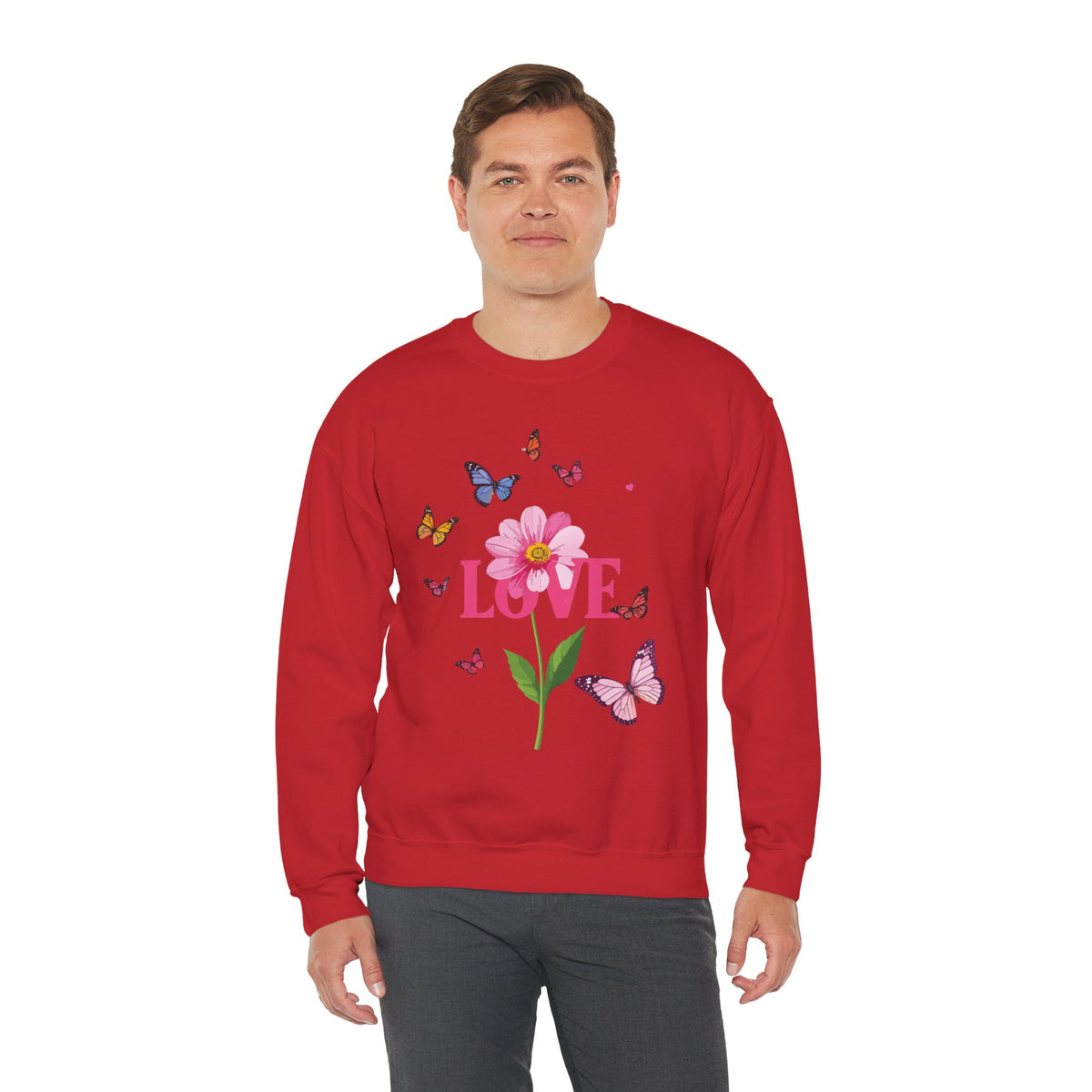Unisex Floral Love Sweatshirt, Love Floral Sweatshirt, Floral Butterfly Sweatshirt, 50/50 Cotton-Poly Valentine's Day Sweatshirt 01