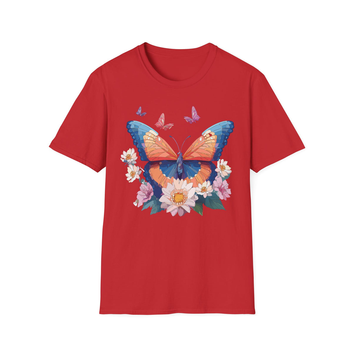 Butterfly Floral T-Shirt – Vibrant Orange & Blue Butterfly with Flowers Graphic Tee Unisex 100 Cotton Gildan T-Shirt