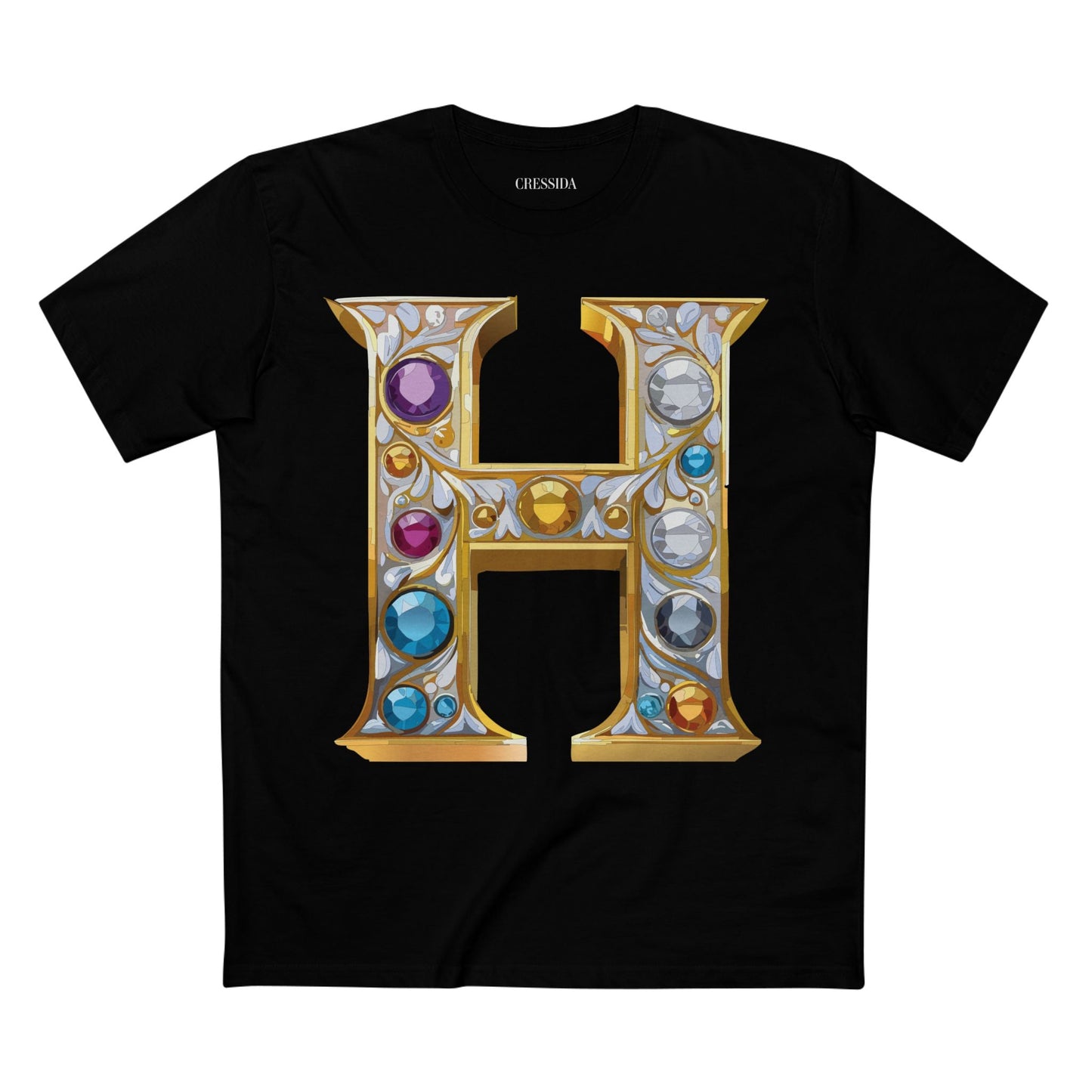 Letter H Graphic Design Tee Unisex 100 Cotton With Antique Gold Letters Artwork T-Shirt