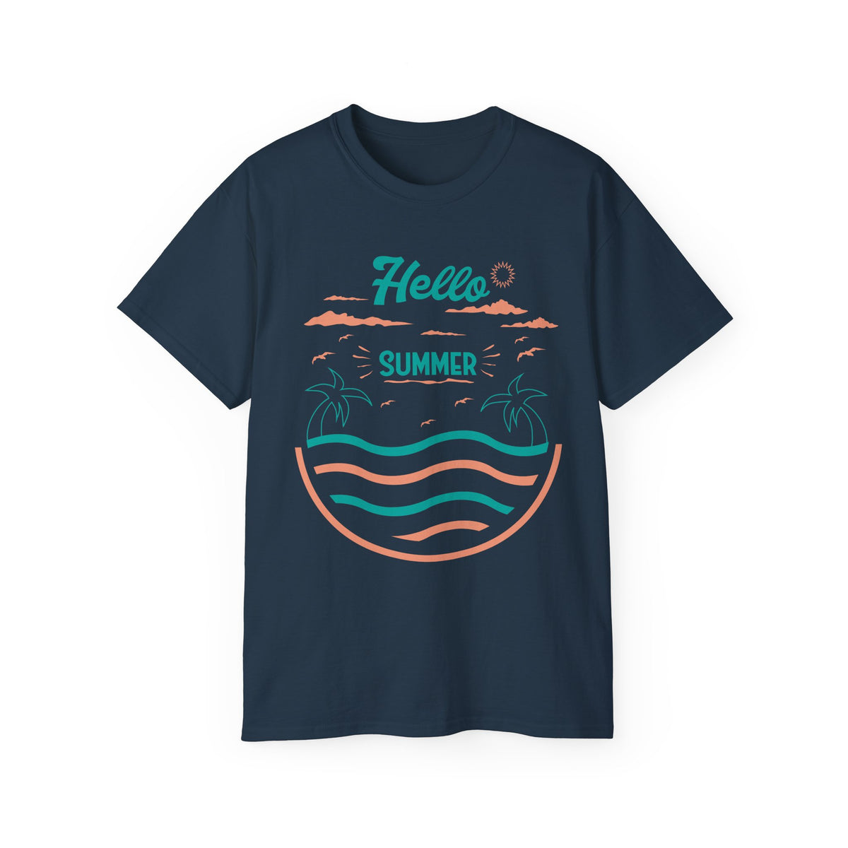 Hello Summer Beach Waves T-Shirt | Palm Tree Sunset Tee