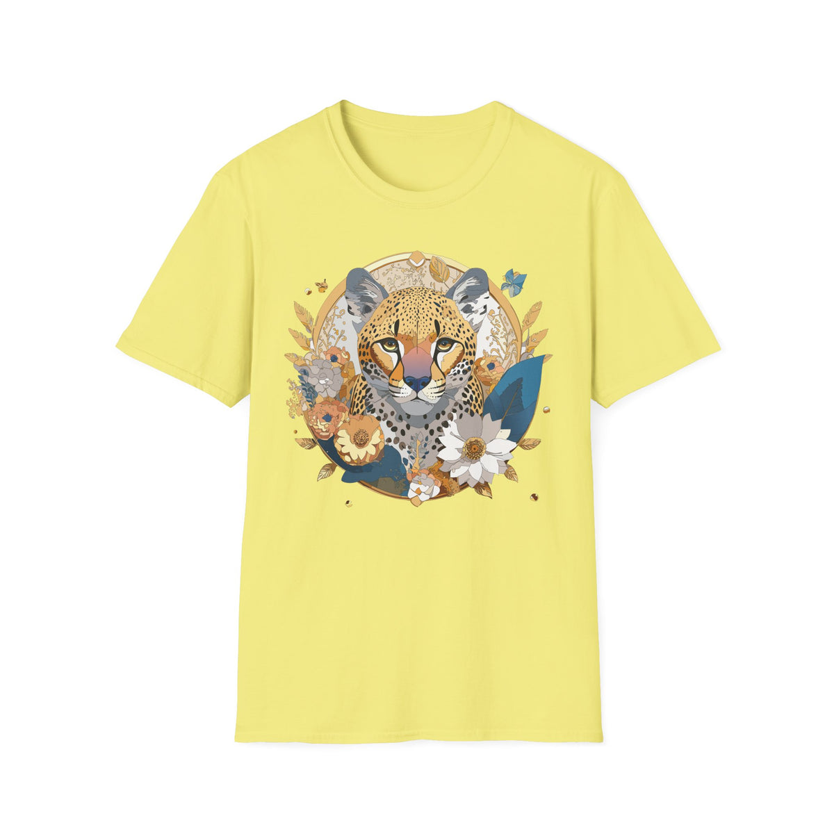 Floral Cheetah Portrait T-Shirt | Leopard Face Botanical Tee