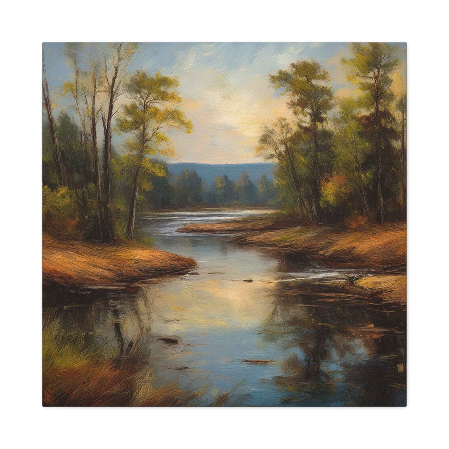 River Print Canvas, Landscape Oil Paint Print 20x20, 24x24, 30x30, 32x32, 36x36 Art Design Print Pine-Wood Inner Frame MC-51