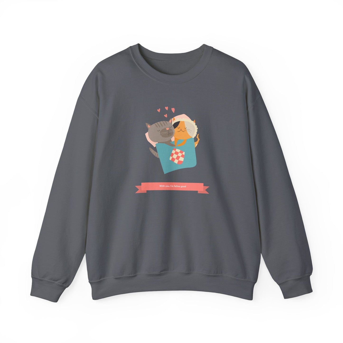 Cat Heart Sweatshirt Unisex Valentines Day 50 50 Cotton Poly Crewneck Gildan 18000
