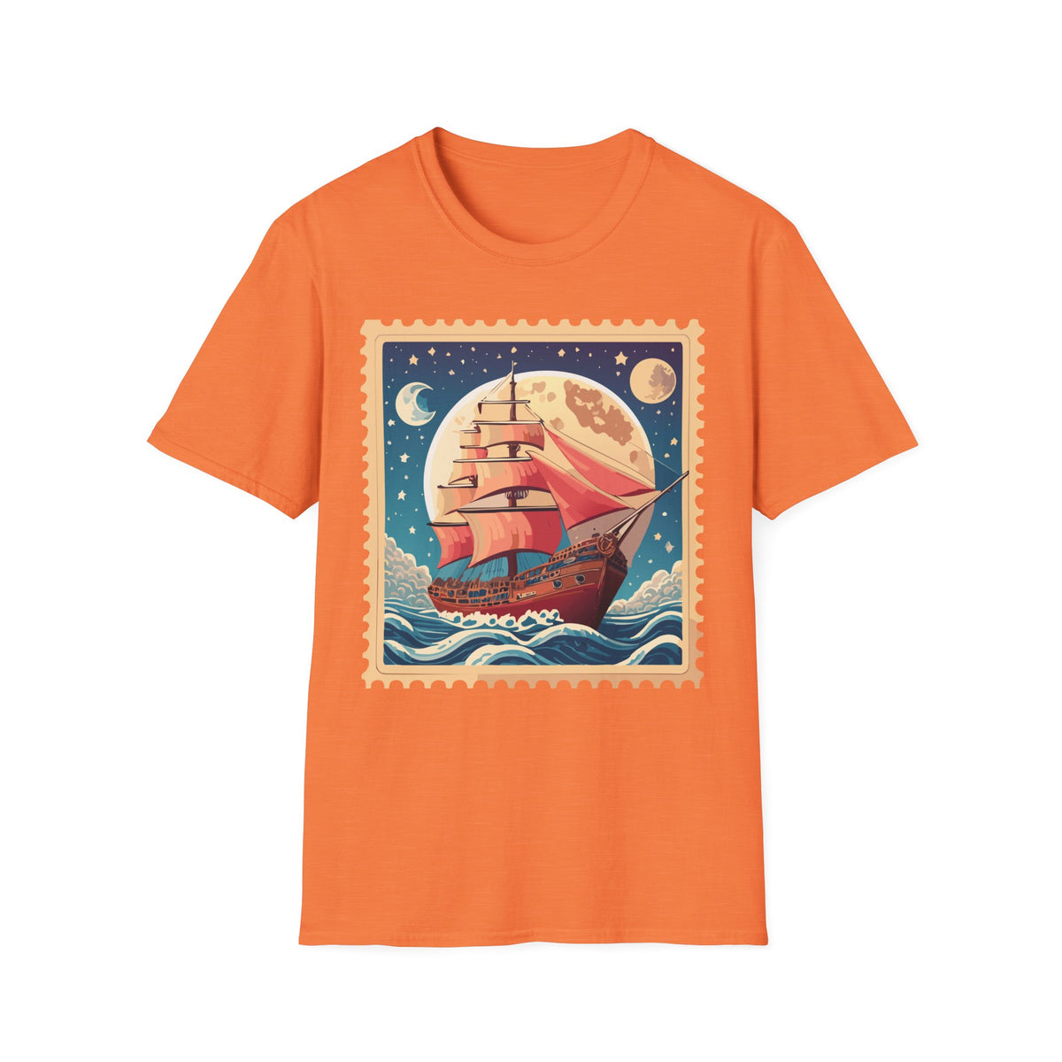 Vintage Sailing Ship Stamp T-Shirt | Moonlit Ocean Illustration