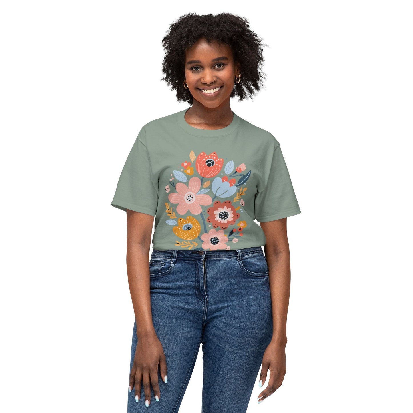 Unisex Floral Art T Shirt with Vintage Flowers Print One Hundred Percent Cotton Tee Printed In USA