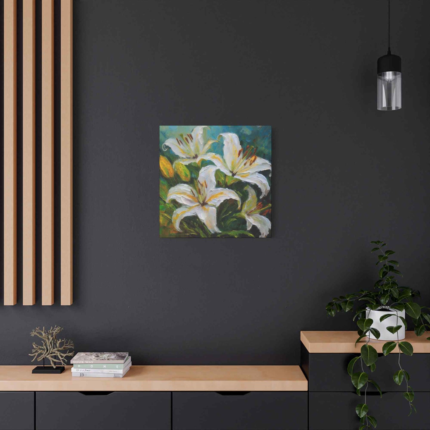 White Lilies Print Canvas, Floral Oil Paint Print 20x20, 24x24, 30x30, 32x32, 36x36 Art Design Pine-Wood Inner Frame MC-153