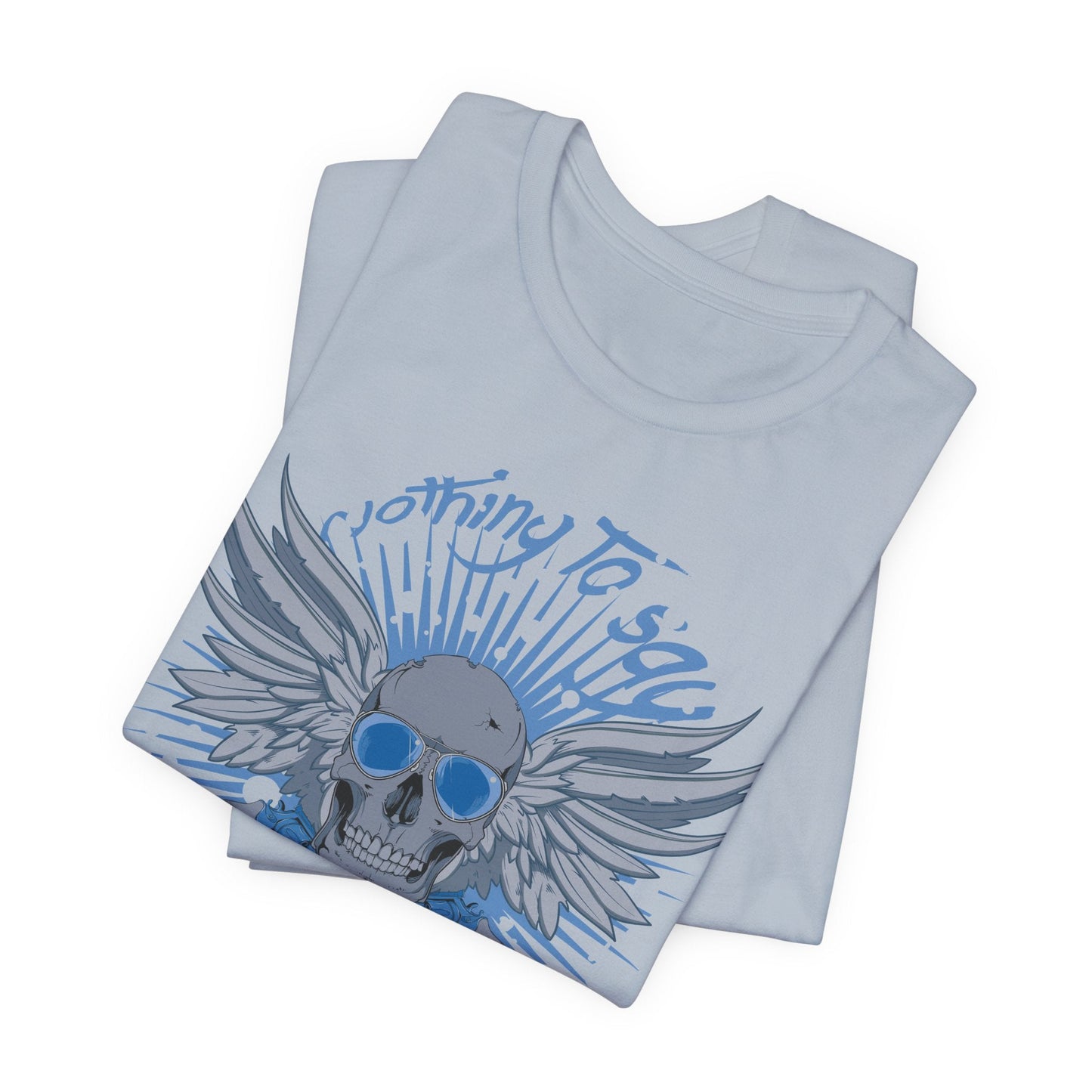 Winged Skull Graphic Tee | Blue Skull with Wings, Radiant Burst