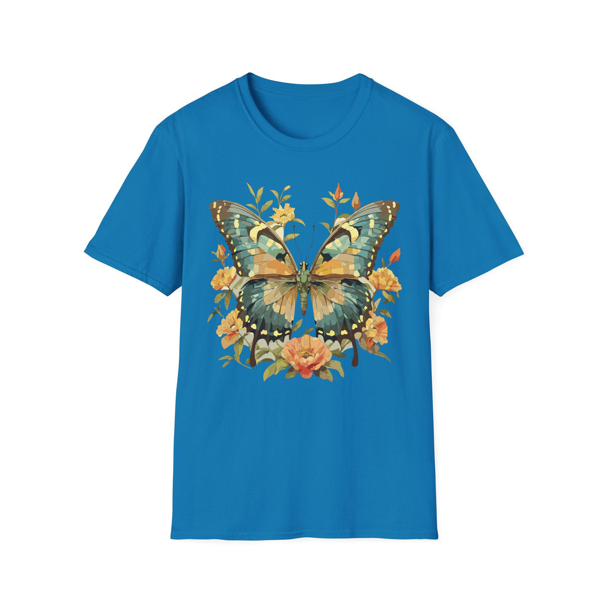 Butterfly Floral T-Shirt — Vintage Green & Gold Garden Graphic Tee Unisex 100 Cotton Gildan T-Shirt