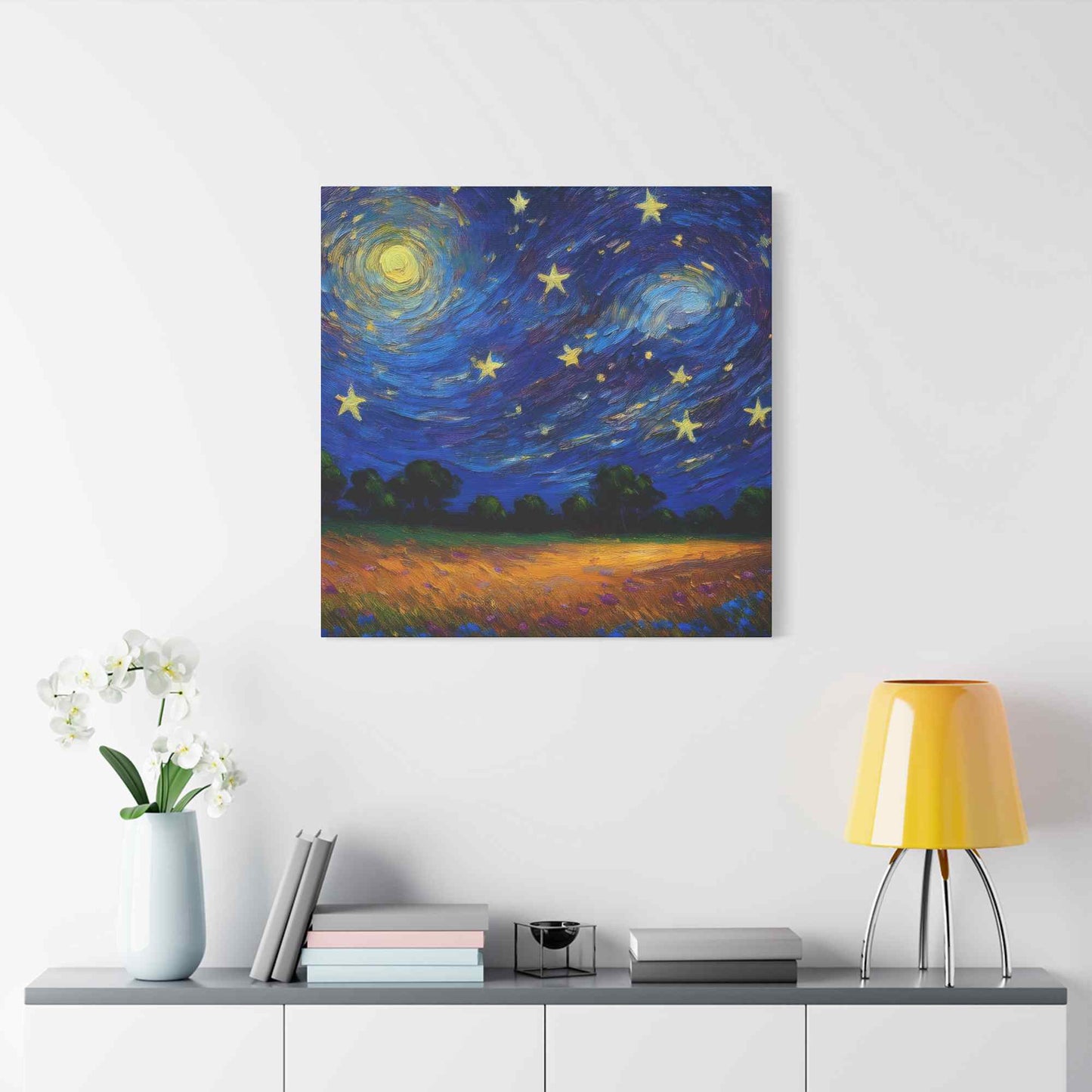Starry Night Print Canvas, Oil Paint Print 20x20, 24x24, 30x30, 32x32, 36x36 Art Design Print Pine-Wood Inner Frame MC-39