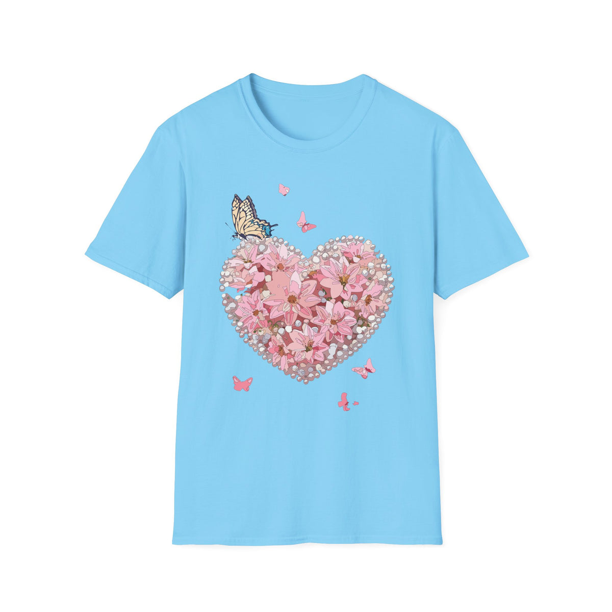 Pink Floral Heart with Butterfly T-Shirt | Spring Floral Graphic Tee Unisex 100 Cotton Gildan T-Shirt