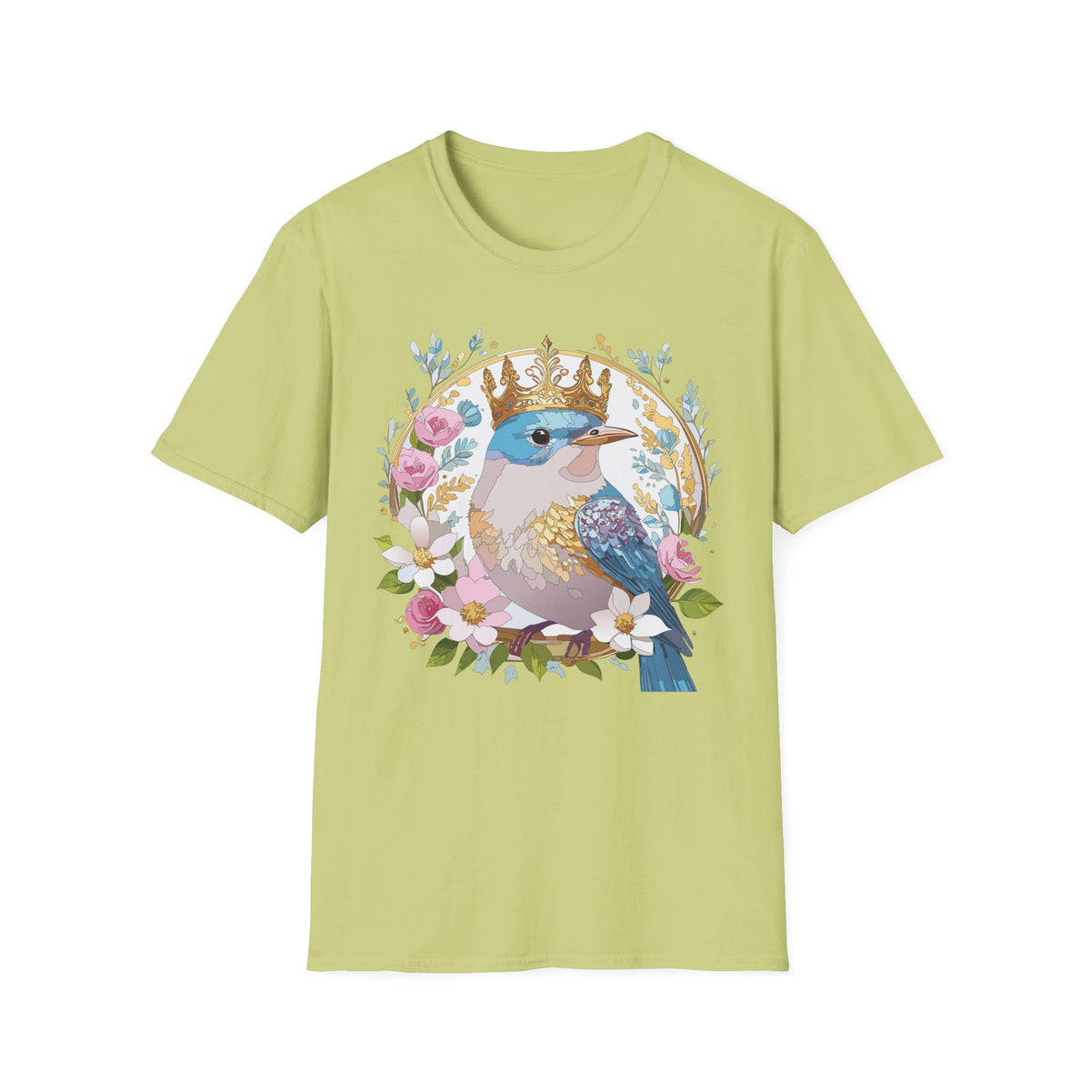 Crowned Bluebird with Floral Wreath T-Shirt | Royal Bird Illustration