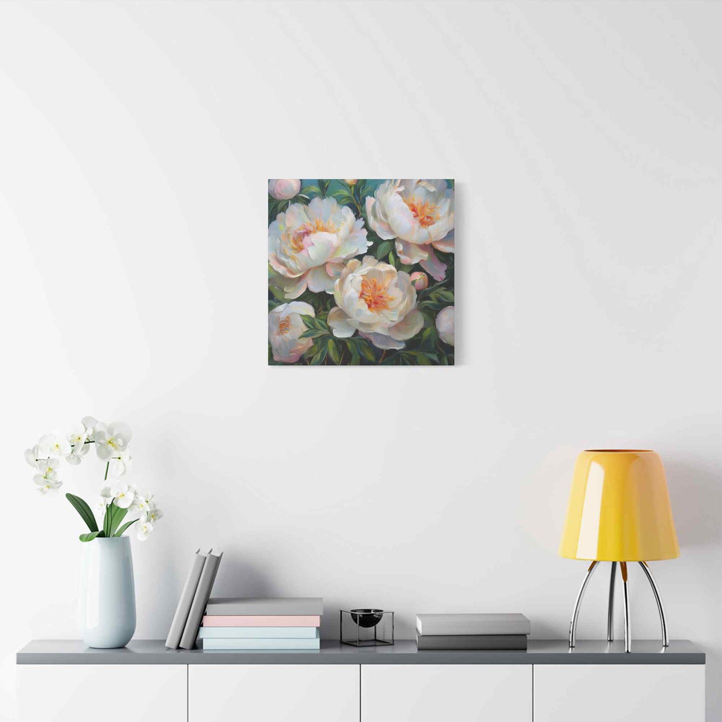 White Peonies Print Canvas, Floral Oil Paint Print 20x20, 24x24, 30x30, 32x32, 36x36 Art Design Pine-Wood Inner Frame MC-123