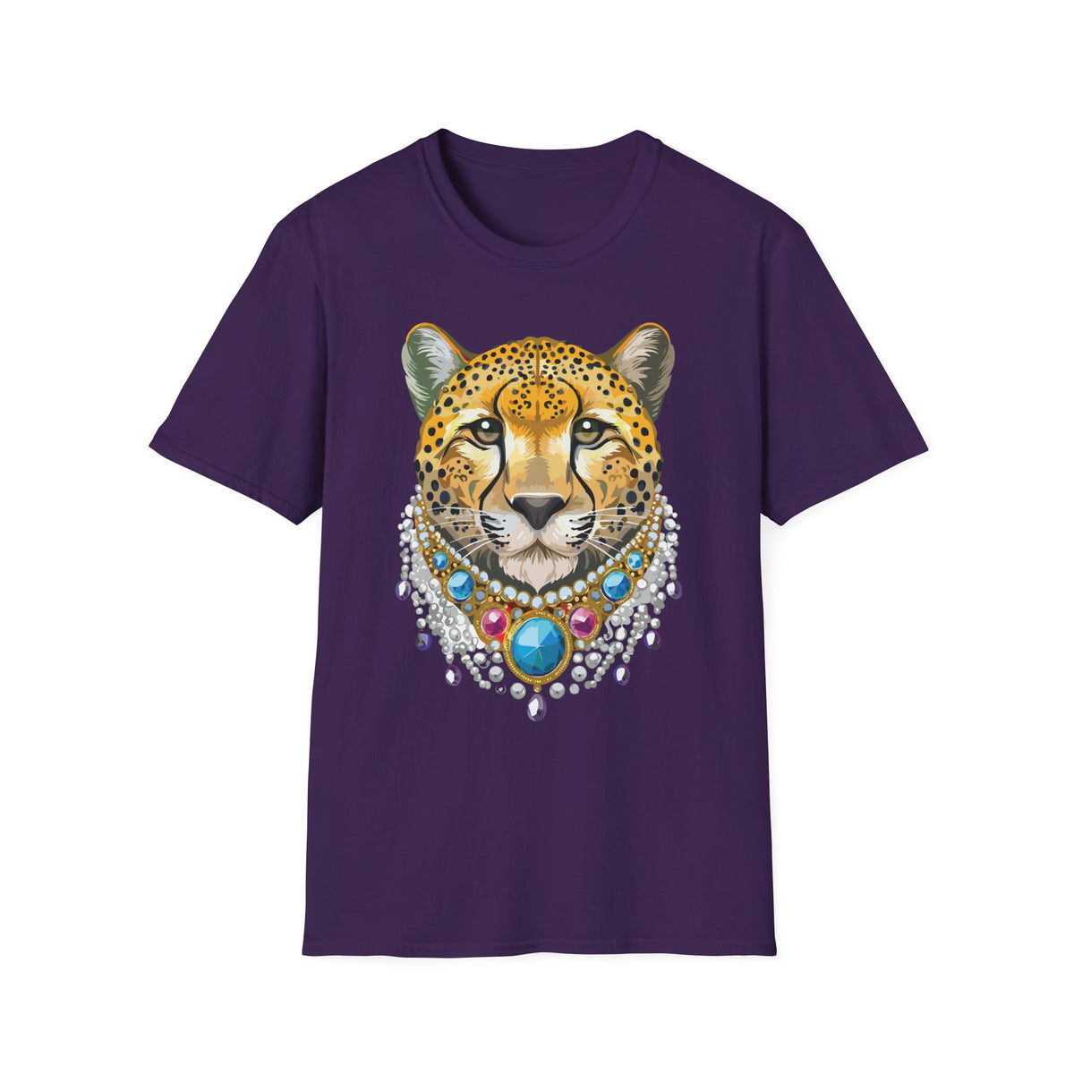 Leopard Portrait T-Shirt | Detailed Cheetah Face with Gem Necklace
