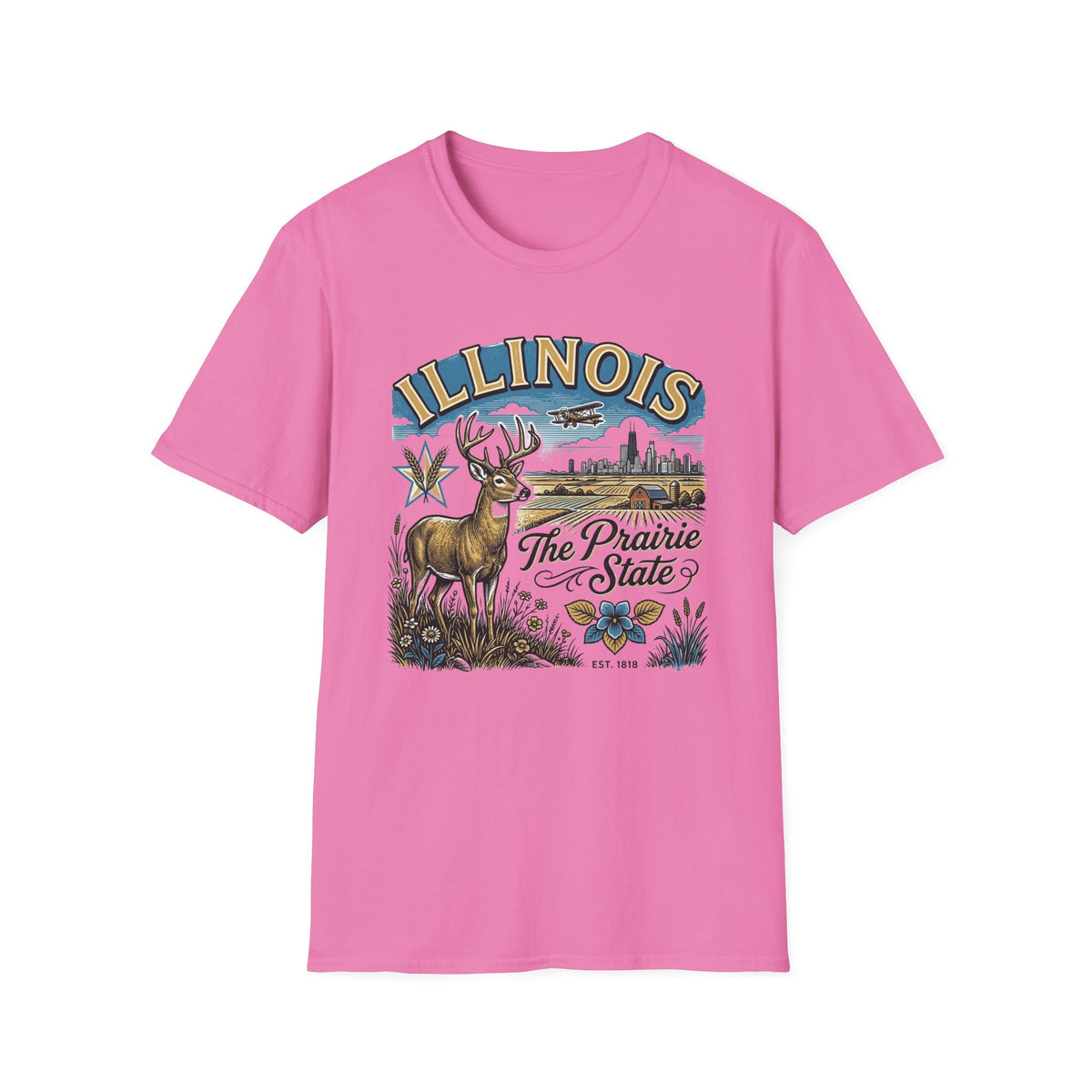 Illinois The Prairie State T-Shirt — Deer & Skyline Vintage Travel Tourist Graphic Tee Unisex 100 Cotton Gildan T-Shirt