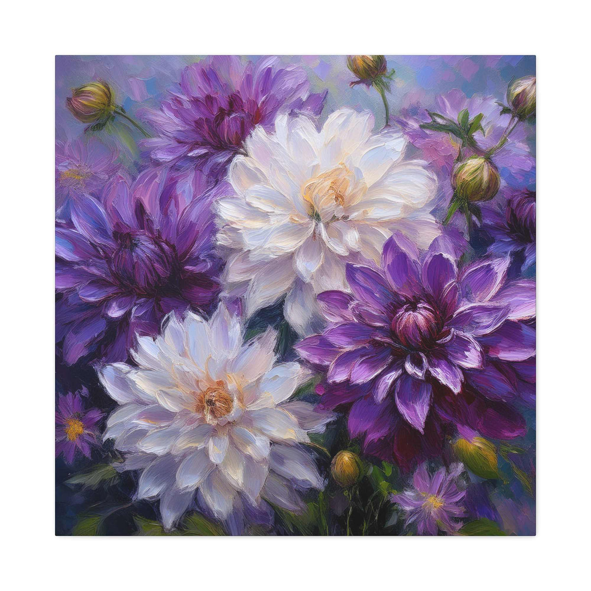 Dahlias Floral Print Canvas, Floral Oil Paint Print 20x20, 24x24, 30x30, 32x32, 36x36 Art Design Pine-Wood Inner Frame MC-171