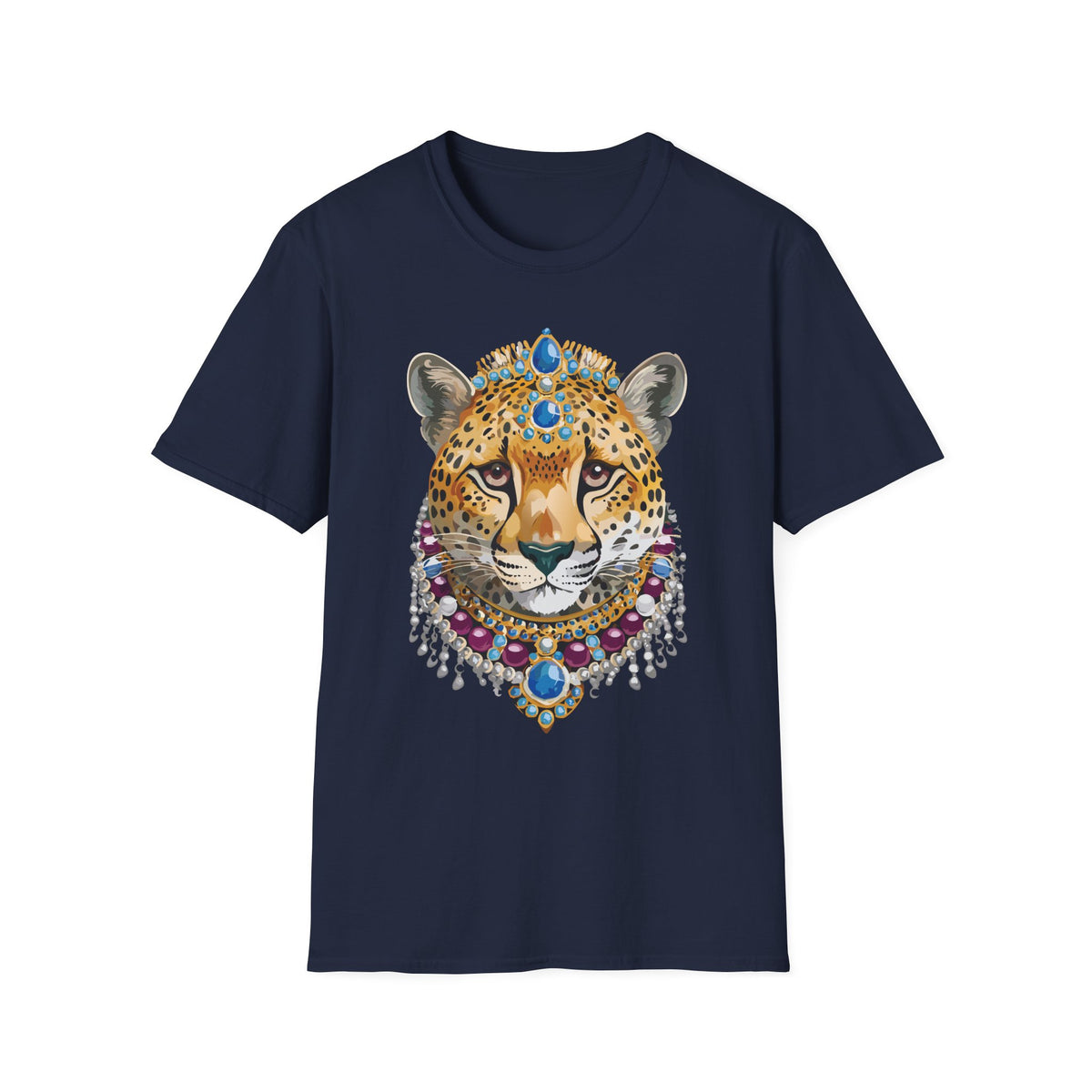 Jeweled Cheetah Face T-Shirt | Ornate Gemstone Leopard Illustration