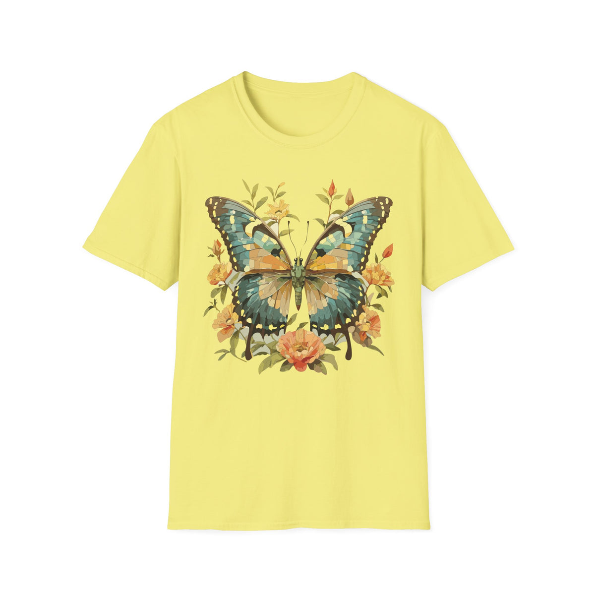 Butterfly Floral T-Shirt — Vintage Green & Gold Garden Graphic Tee Unisex 100 Cotton Gildan T-Shirt