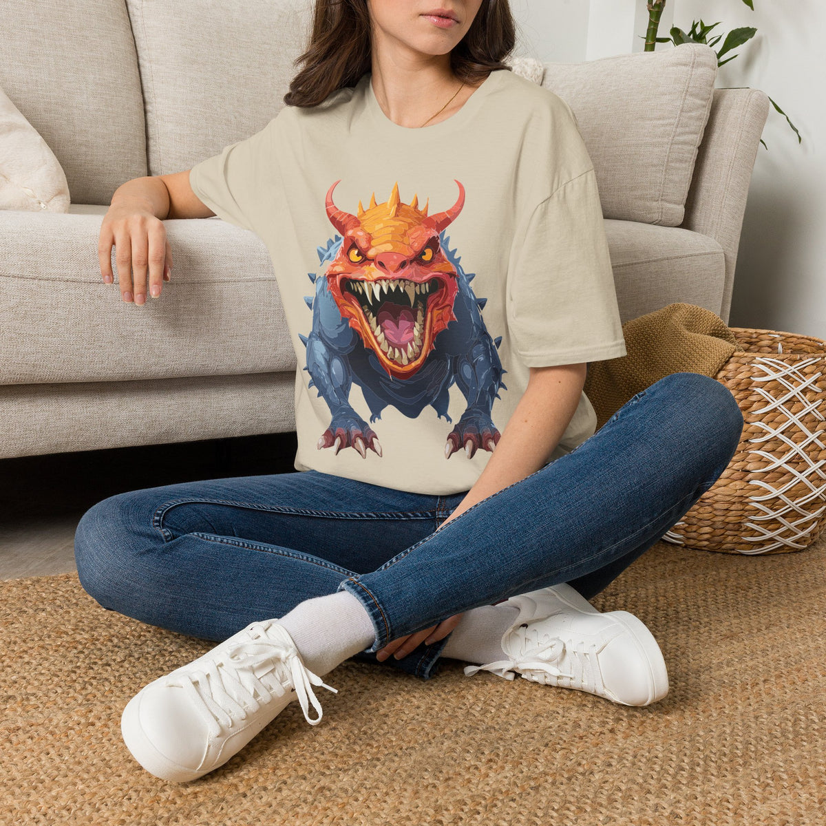 Dragon Monster T-Shirt — Fierce Orange & Blue Fantasy Creature Cartoon Graphic Tee Unisex 100 Cotton Gildan T-Shirt