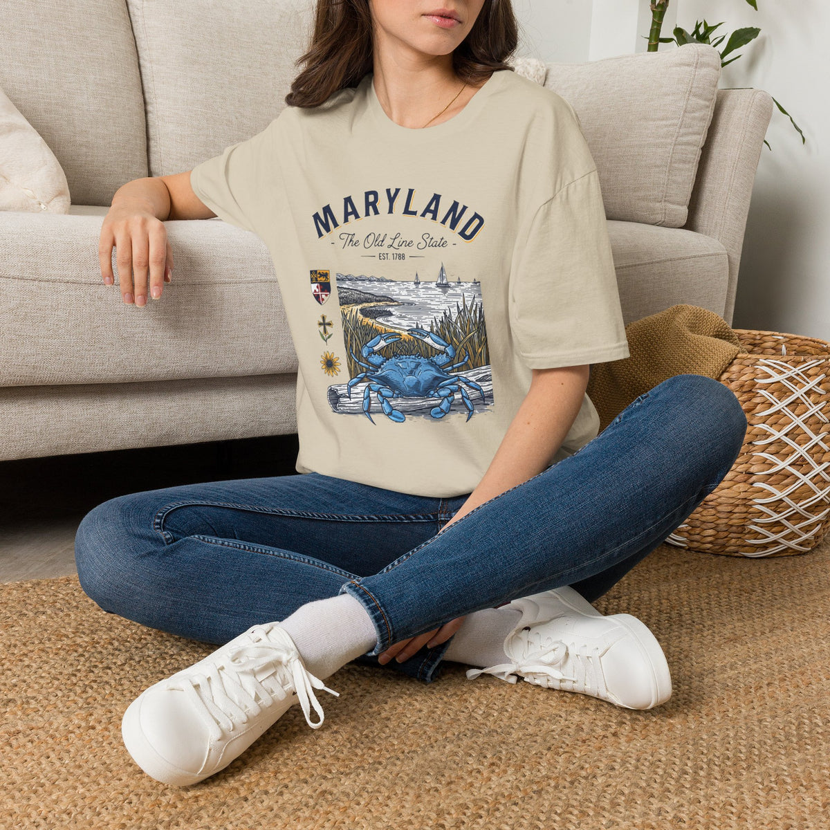 Maryland Blue Crab Scenic T-Shirt — The Old Line State Coastal Design Travel Tourist Graphic Design Unisex 100 Cotton Gildan T-Shirt