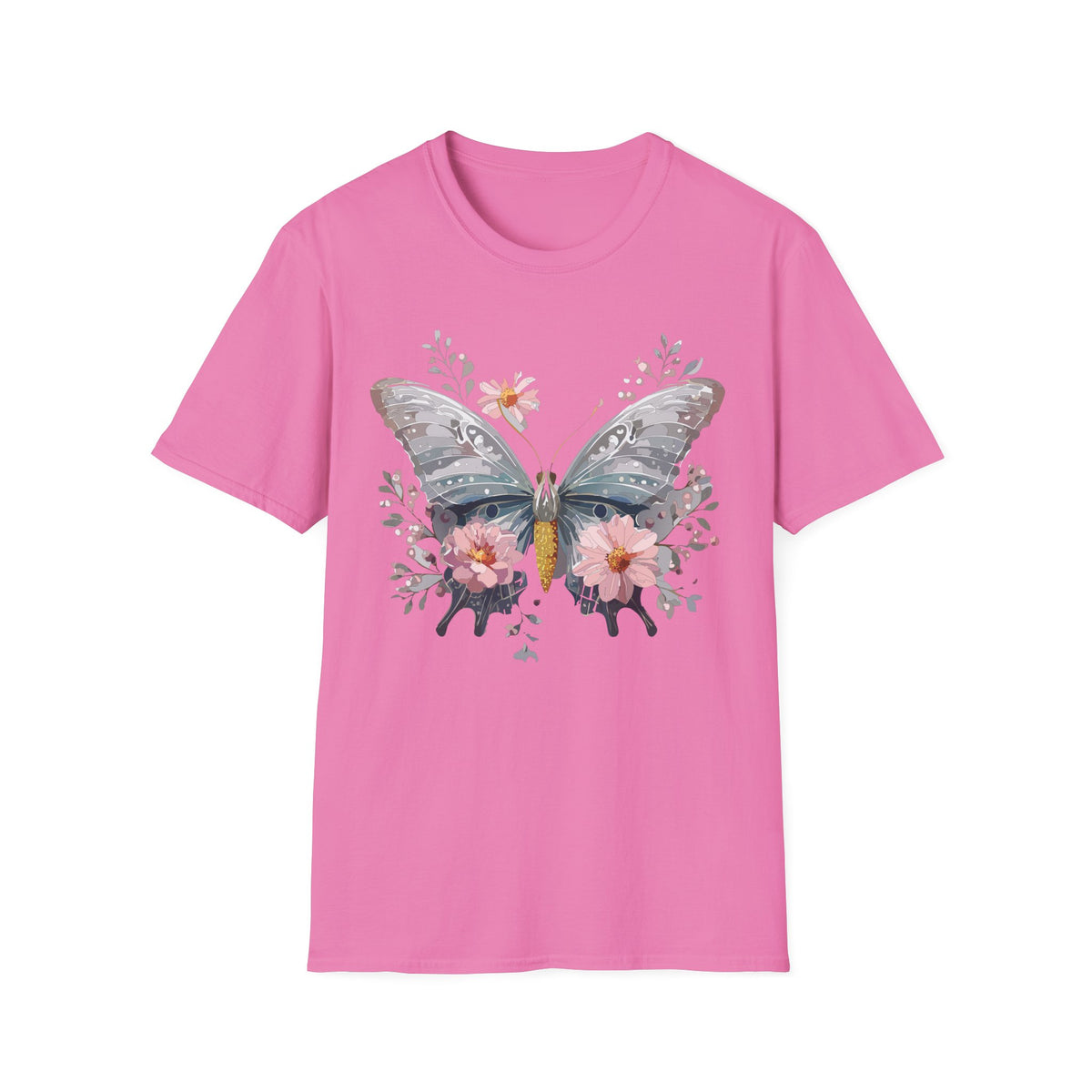 Butterfly Floral T‑Shirt — Watercolor Moth & Pink Flowers Graphic Tee Unisex 100 Cotton Gildan T-Shirt
