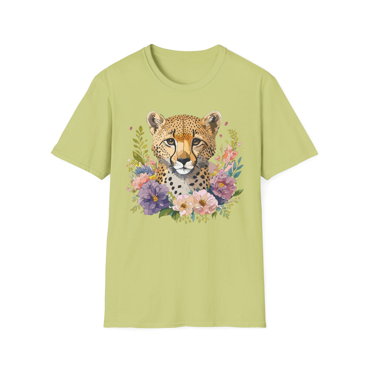 Floral Cheetah Face T-Shirt | Leopard Portrait Tee, Botanical Illustration