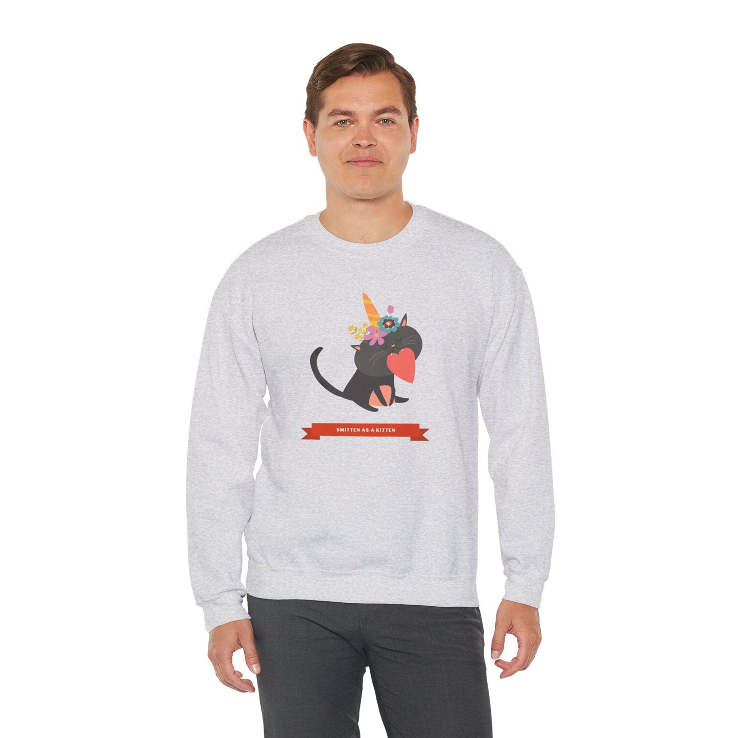 Cat Heart Sweatshirt Unisex Valentine Gift 50/50 Cotton-Poly Crewneck Gildan 18000