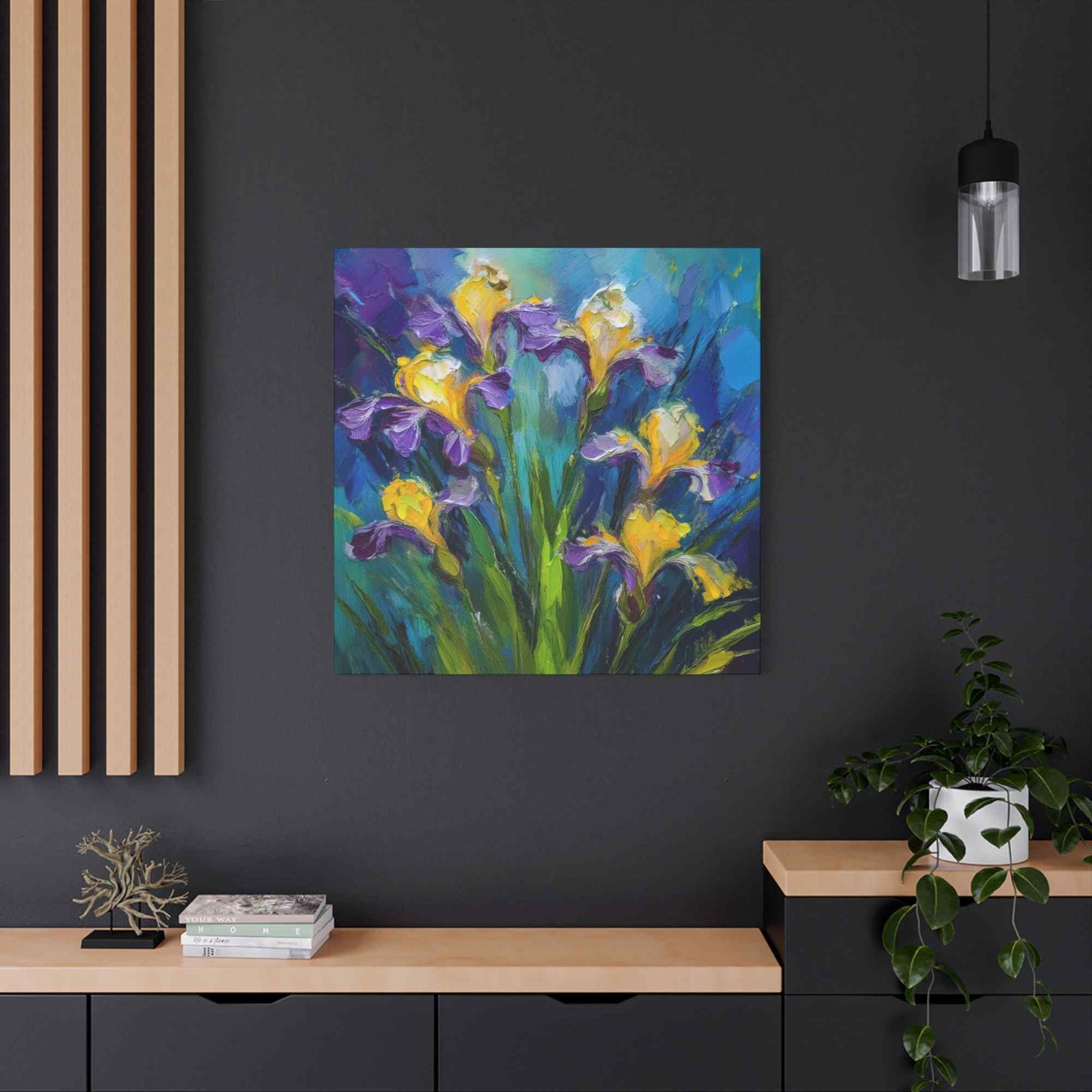 Irises Floral Print Canvas, Floral Oil Paint Print 20x20, 24x24, 30x30, 32x32, 36x36 Art Design Pine-Wood Inner Frame MC-184