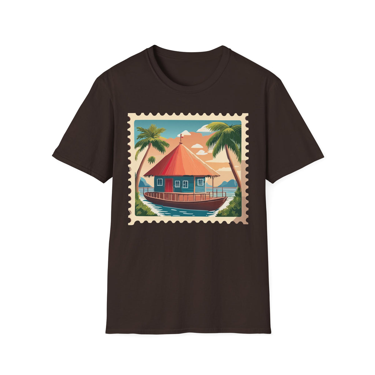 Tropical Beach Cottage T-Shirt | Palm Trees, Sunset Hut Graphic Tee Unisex 100 Cotton Gildan T-Shirt