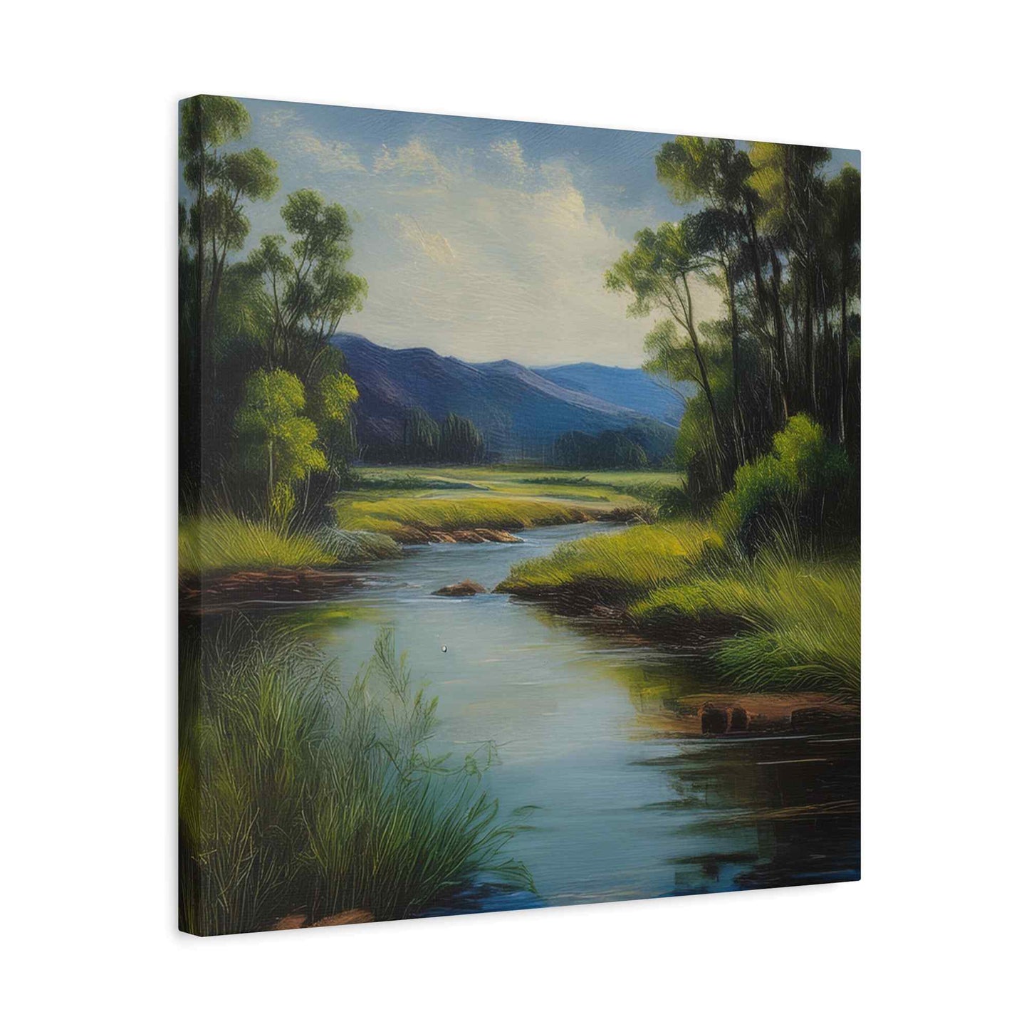 River Print Canvas, Landscape Oil Paint Print 20x20, 24x24, 30x30, 32x32, 36x36 Art Design Print Pine-Wood Inner Frame MC-54