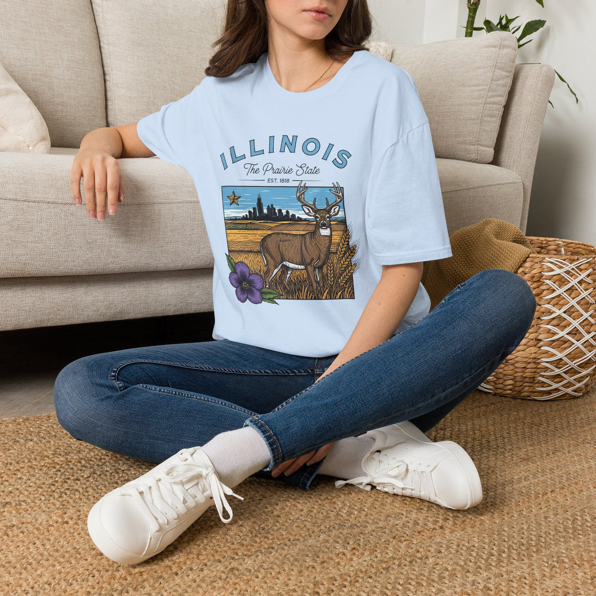 Illinois Deer State T-Shirt — The Prairie State Travel Tourist Graphic Design Unisex 100 Cotton Gildan T-Shirt