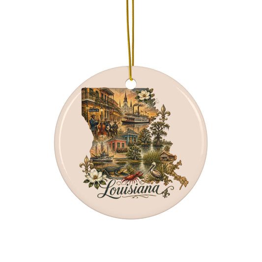 Louisiana Vintage State Collage Ornament Ceramic | Ceramic Ornament - 2.99" Includes Gold String