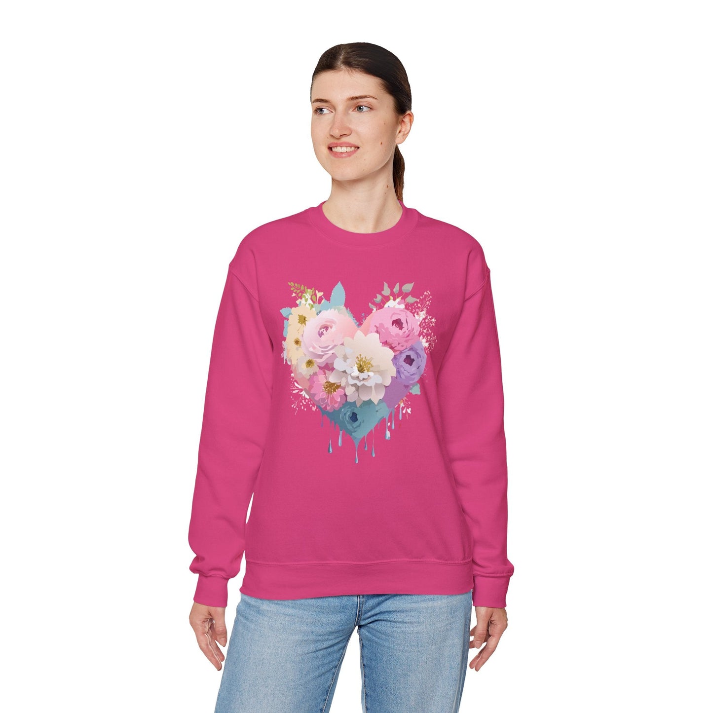 Floral Heart Unisex Crewneck Sweatshirt With Floral Love Valentines Day Design Premium Heavy Blend
