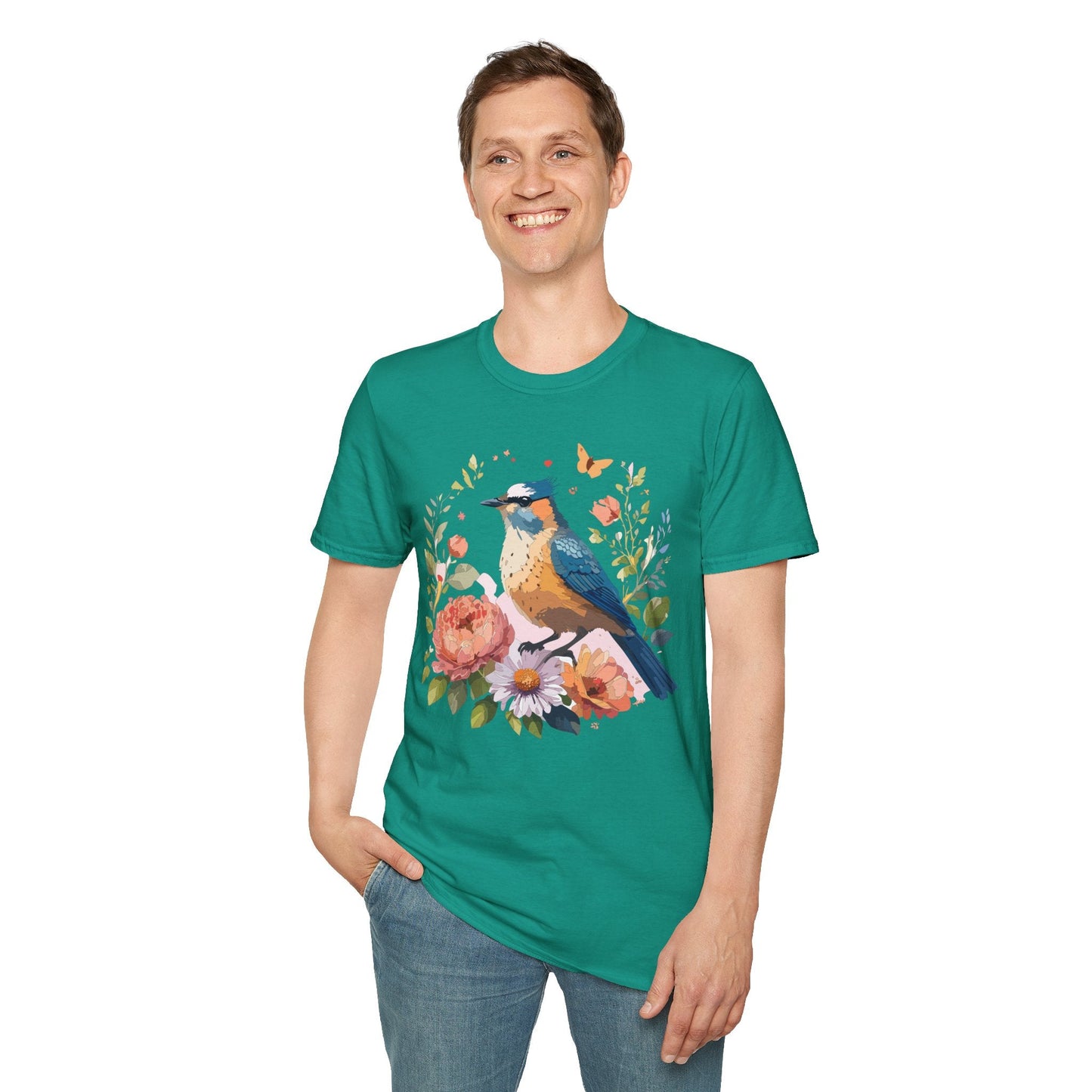 Floral Bird T Shirt Unisex Softstyle Gildan 64000 Tee 100 Percent Ring Spun Cotton