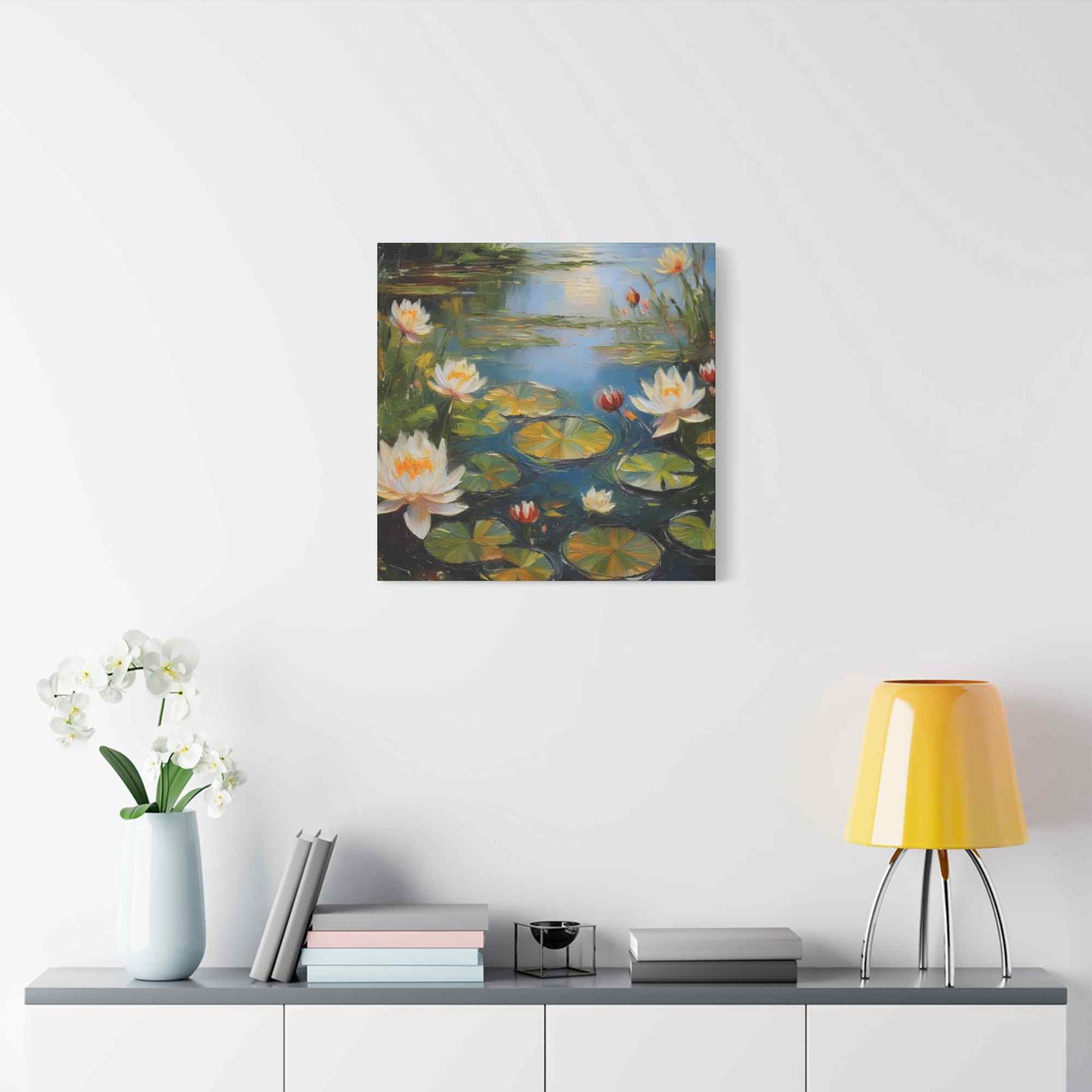 Water Lilies Print Canvas, Oil Paint Print 20x20, 24x24, 30x30, 32x32, 36x36 Floral Art Print Pine-Wood Inner Frame MC-64