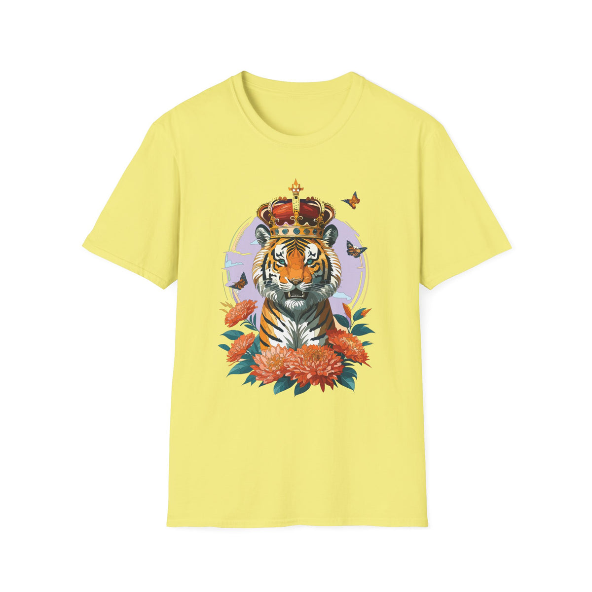 Tiger with Crown T-Shirt | Regal Tiger Artwork, Floral Accents - Unisex 100 Cotton Gildan 64000