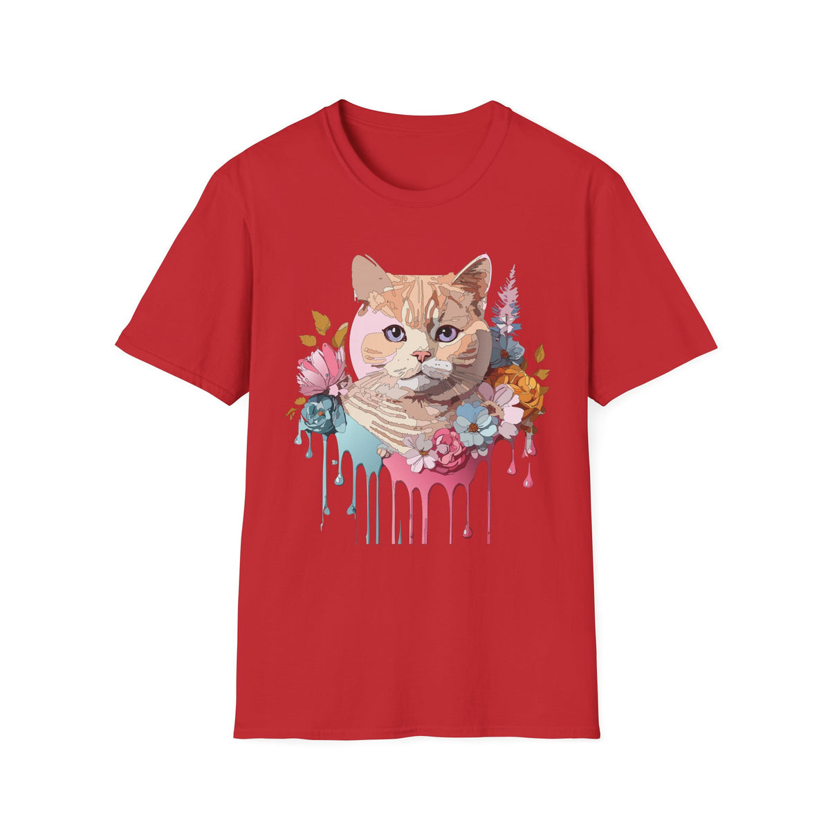 Floral Ginger Cat Portrait T-Shirt | Painted Cat Face with Flowers